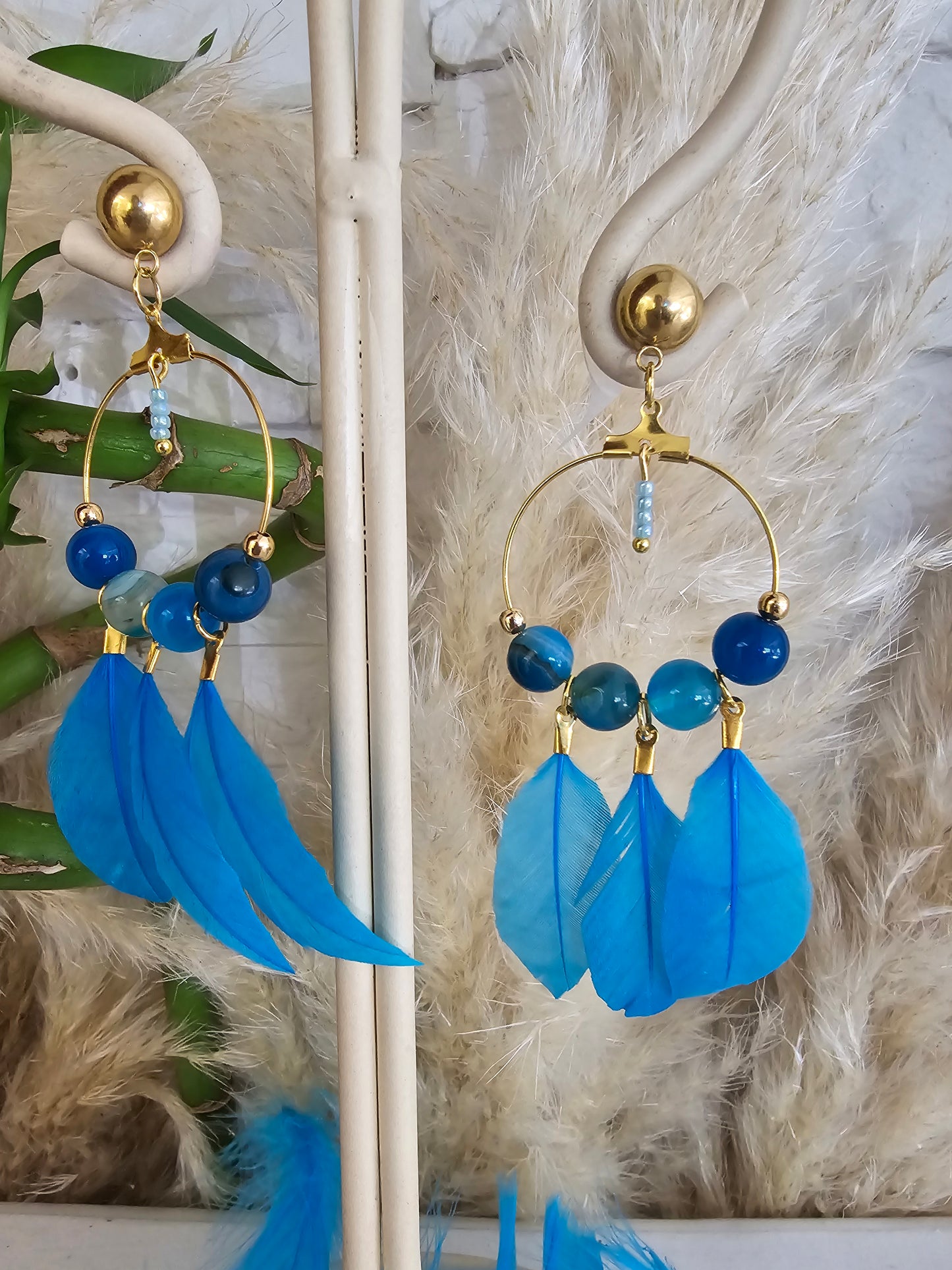 Boucles d'oreilles " Passerin Helen" Agate Bleue & acier inoxydable doré