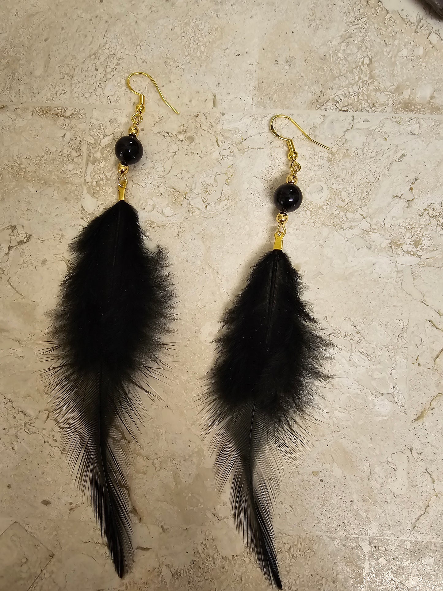 Boucles d'oreilles plume "Black Helen" Obsidienne & Acier inoxydable doré
