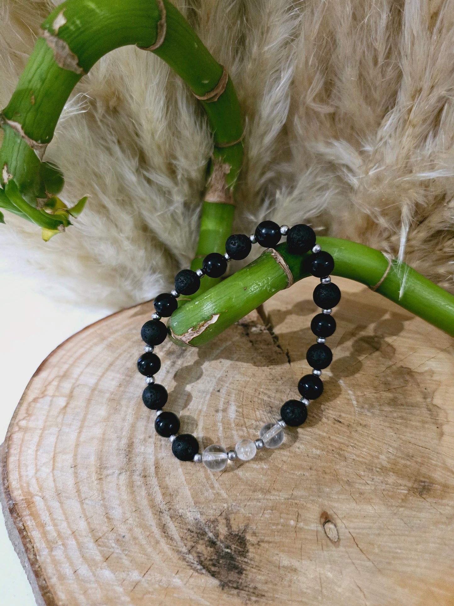 Bracelet homme "Julien" Obsidienne et Pierre de Lave & acier inoxydable argenté