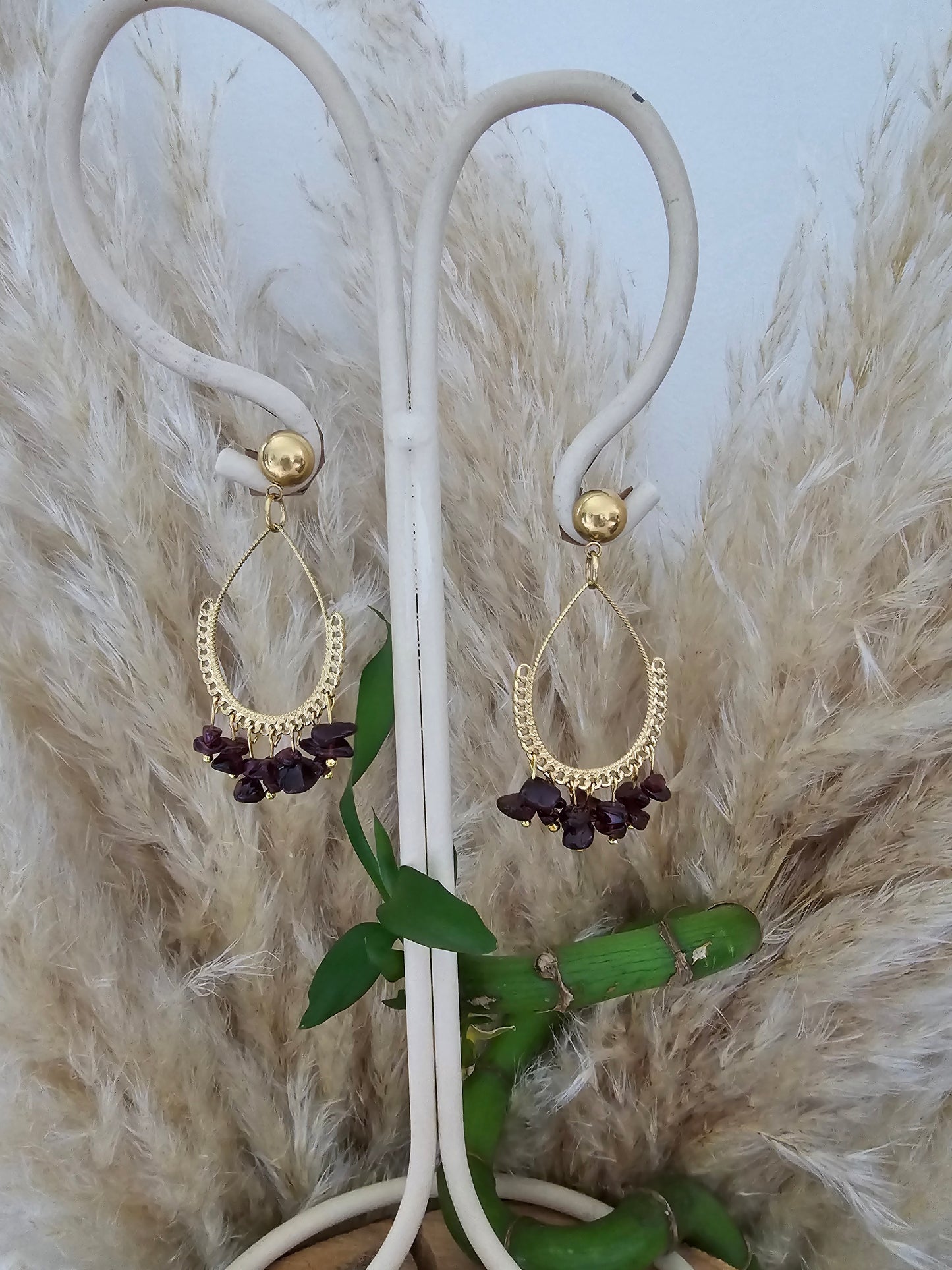 Boucles d'oreilles "Esmeralda" Grenat & acier inoxydable doré or fin