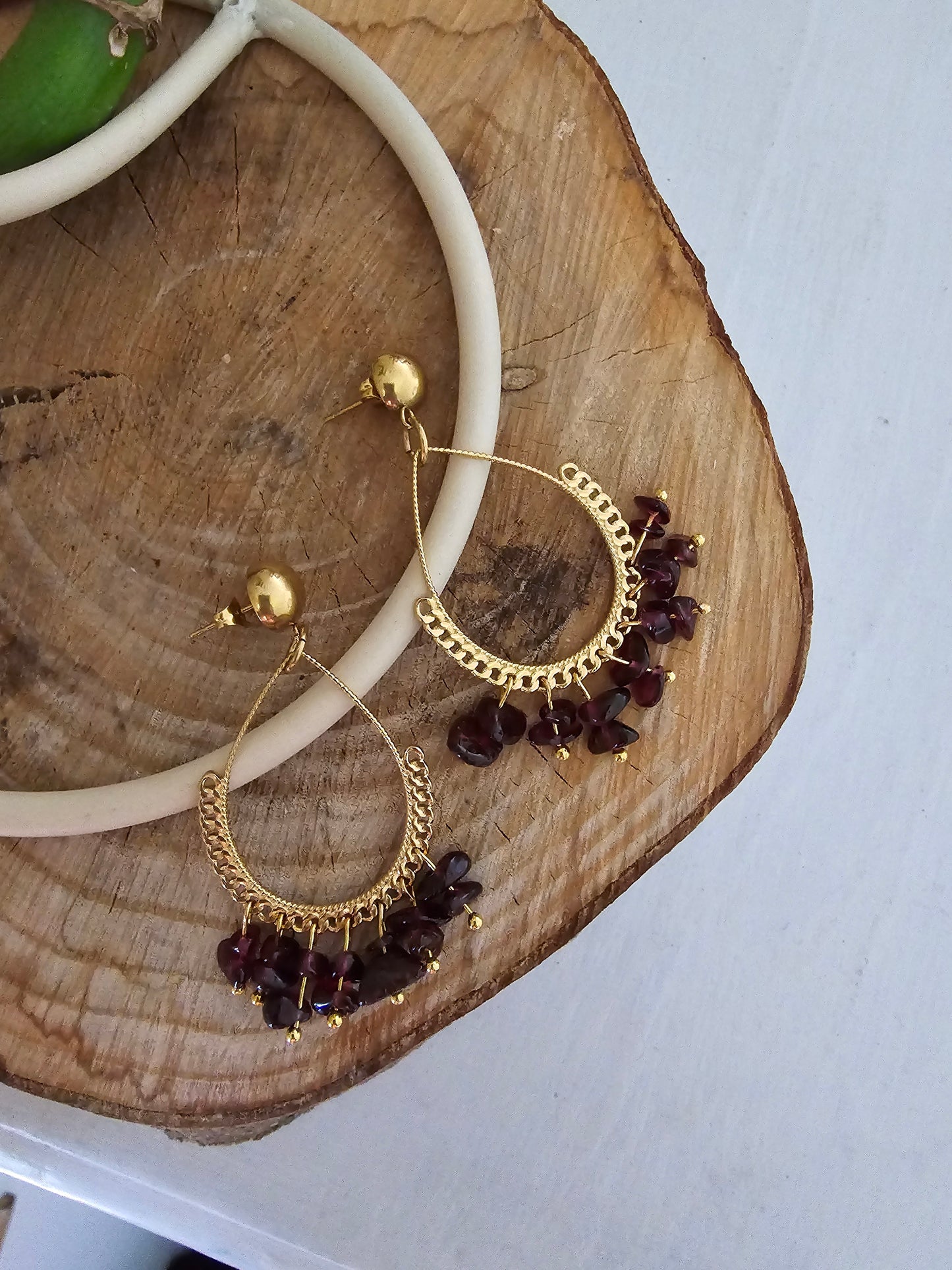 Boucles d'oreilles "Esmeralda" Grenat & acier inoxydable doré or fin