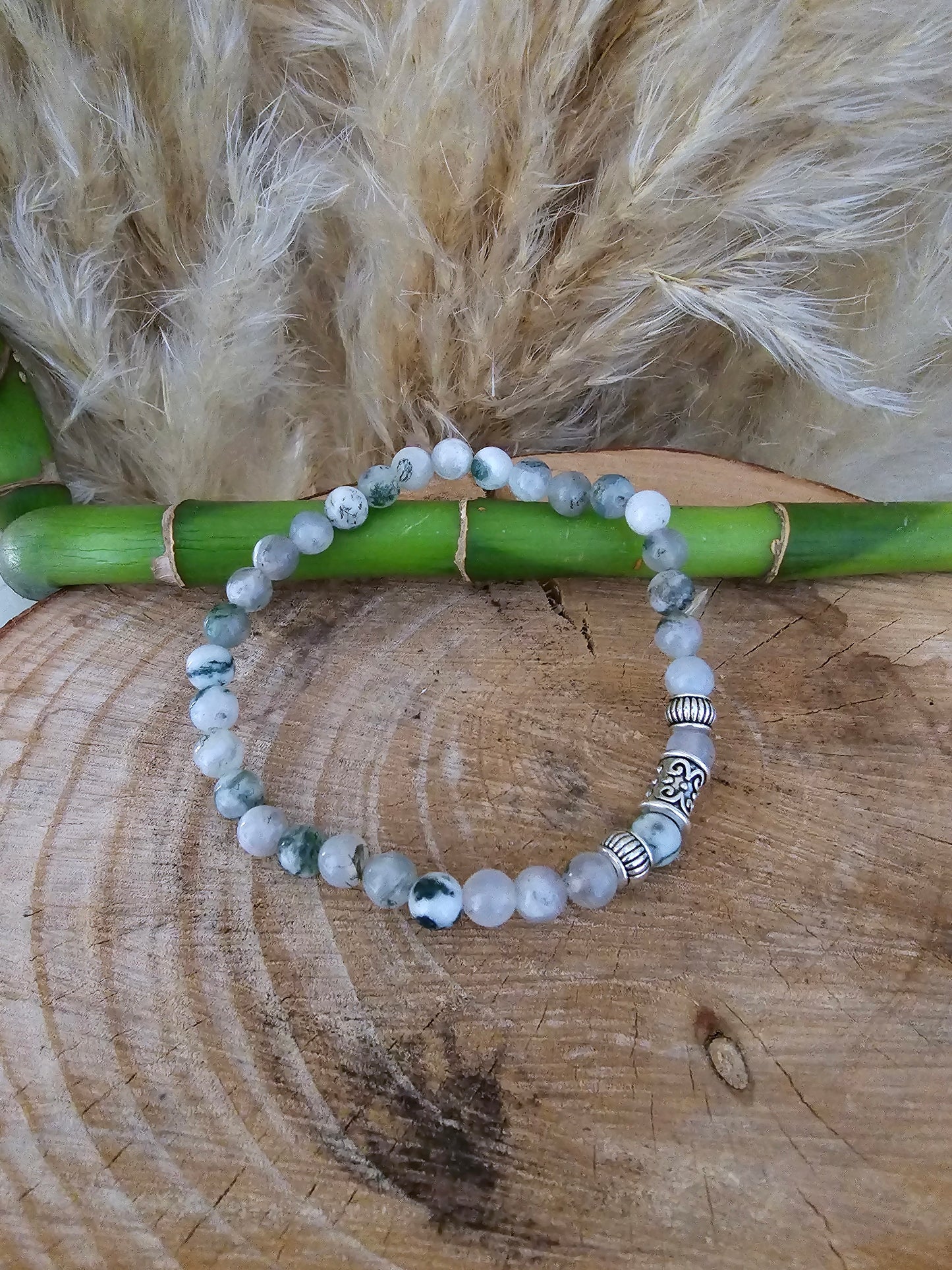 Bracelet "Artémis" Agate mousse & breloque acier inoxydable argenté