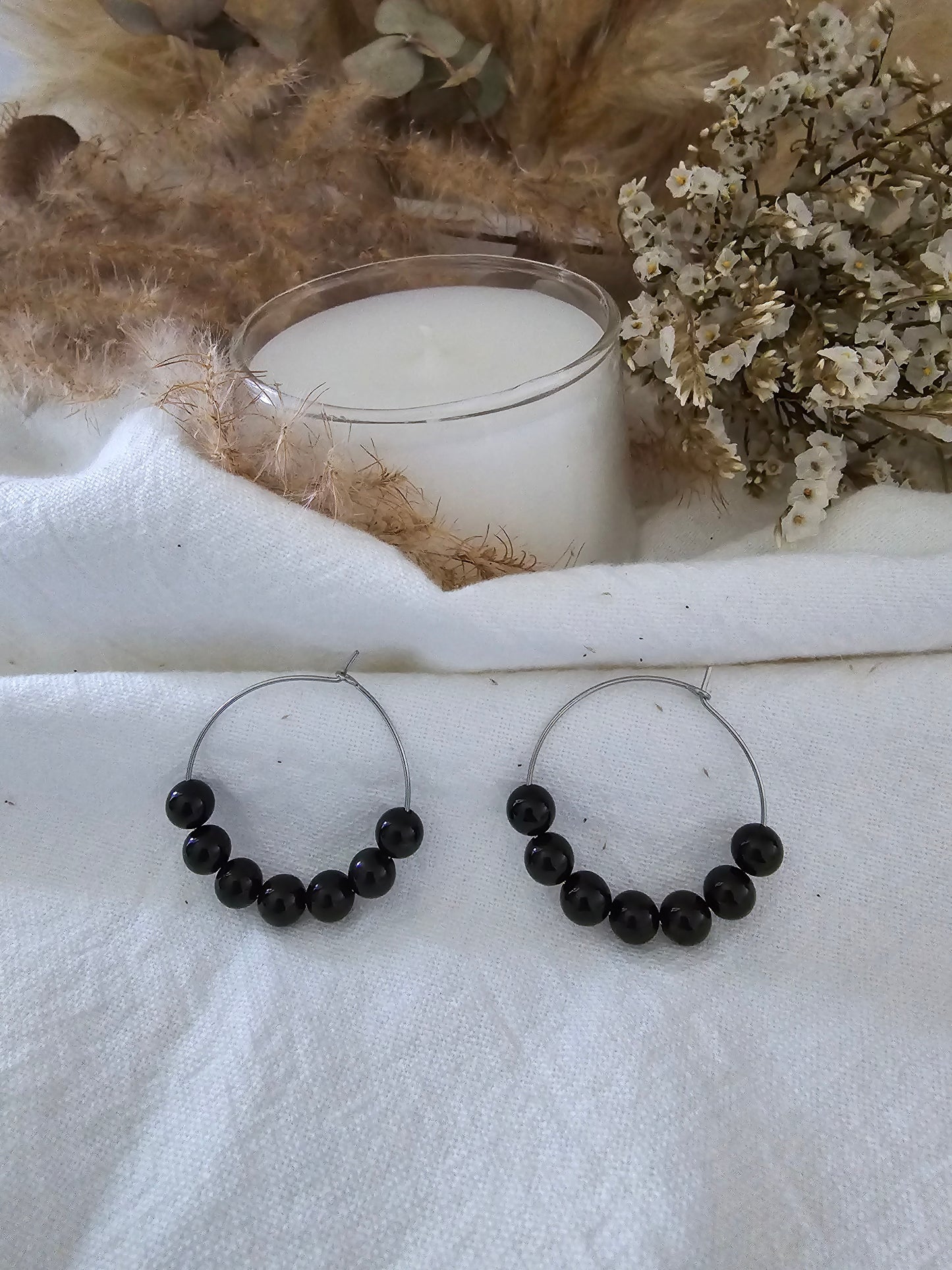 Boucles d'oreilles Créole "Céleste" Onyx & acier inoxydable argenté