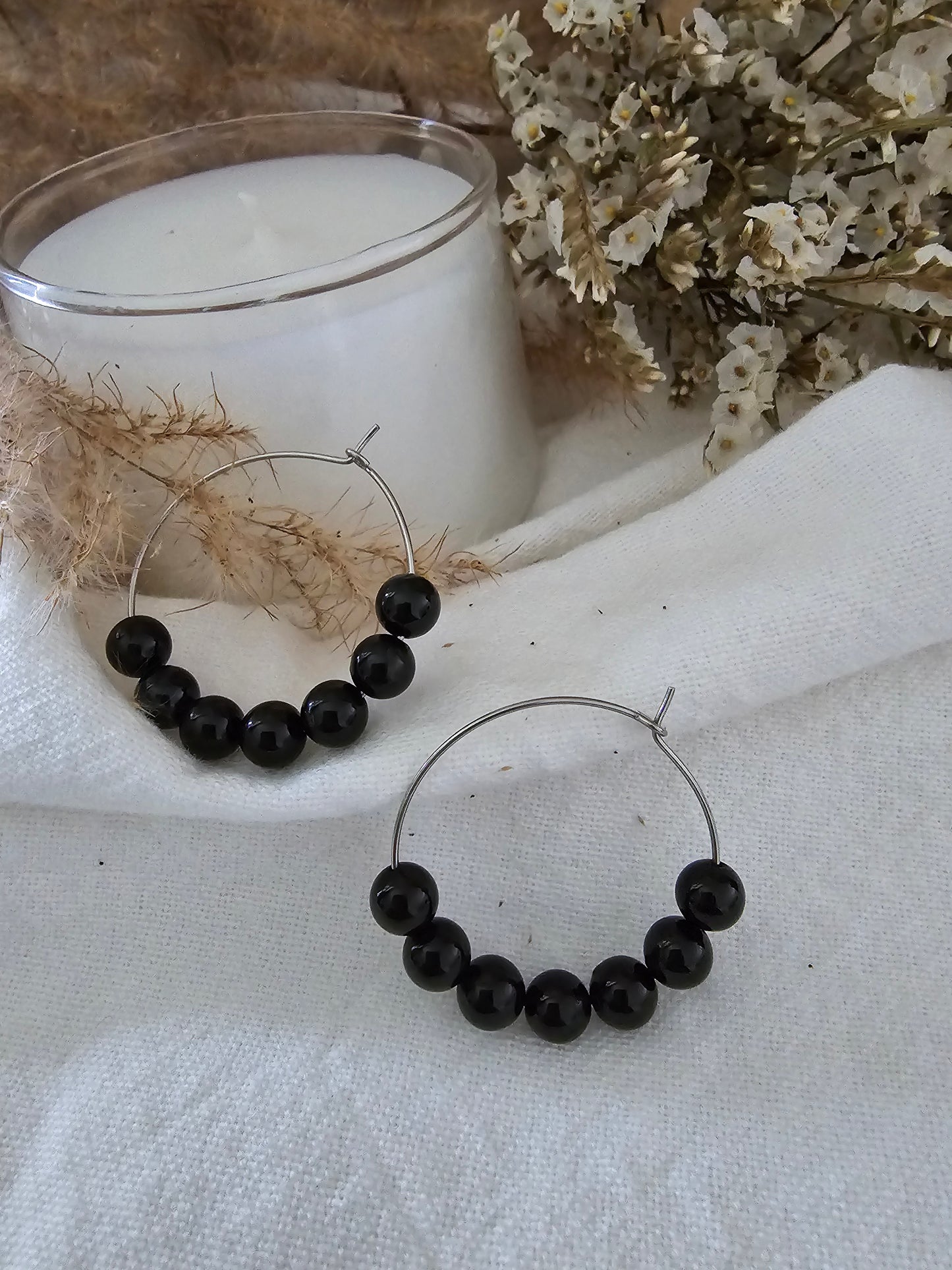 Boucles d'oreilles Créole "Céleste" Onyx & acier inoxydable argenté