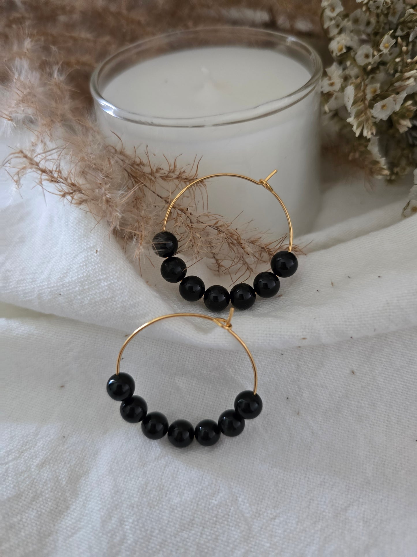 Boucles d'oreilles Créole "Mélodie Noire" Onyx & acier inoxydable doré