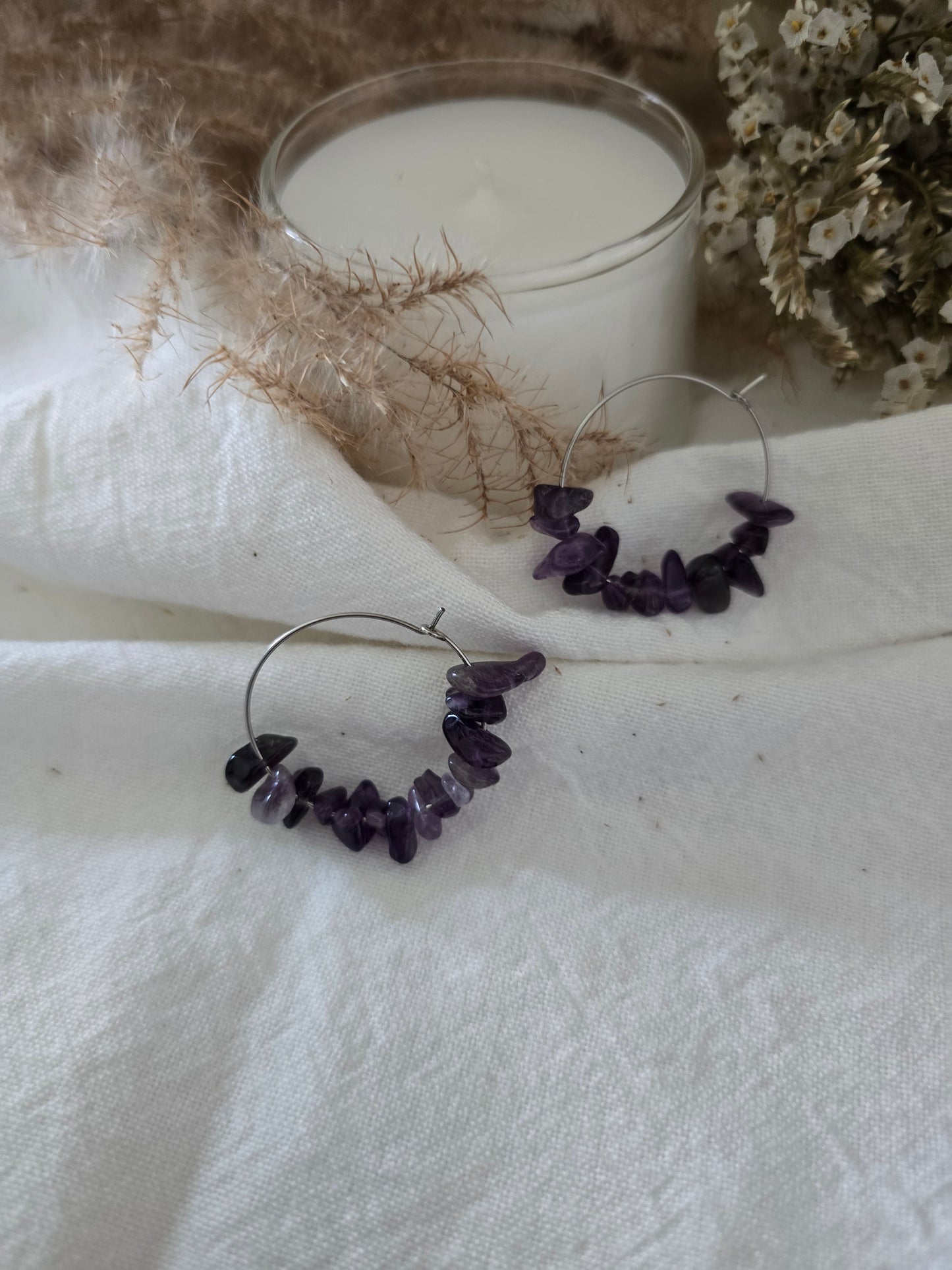 Boucles d'oreilles Créole "Ethérées" Améthyste & acier inoxydable argenté