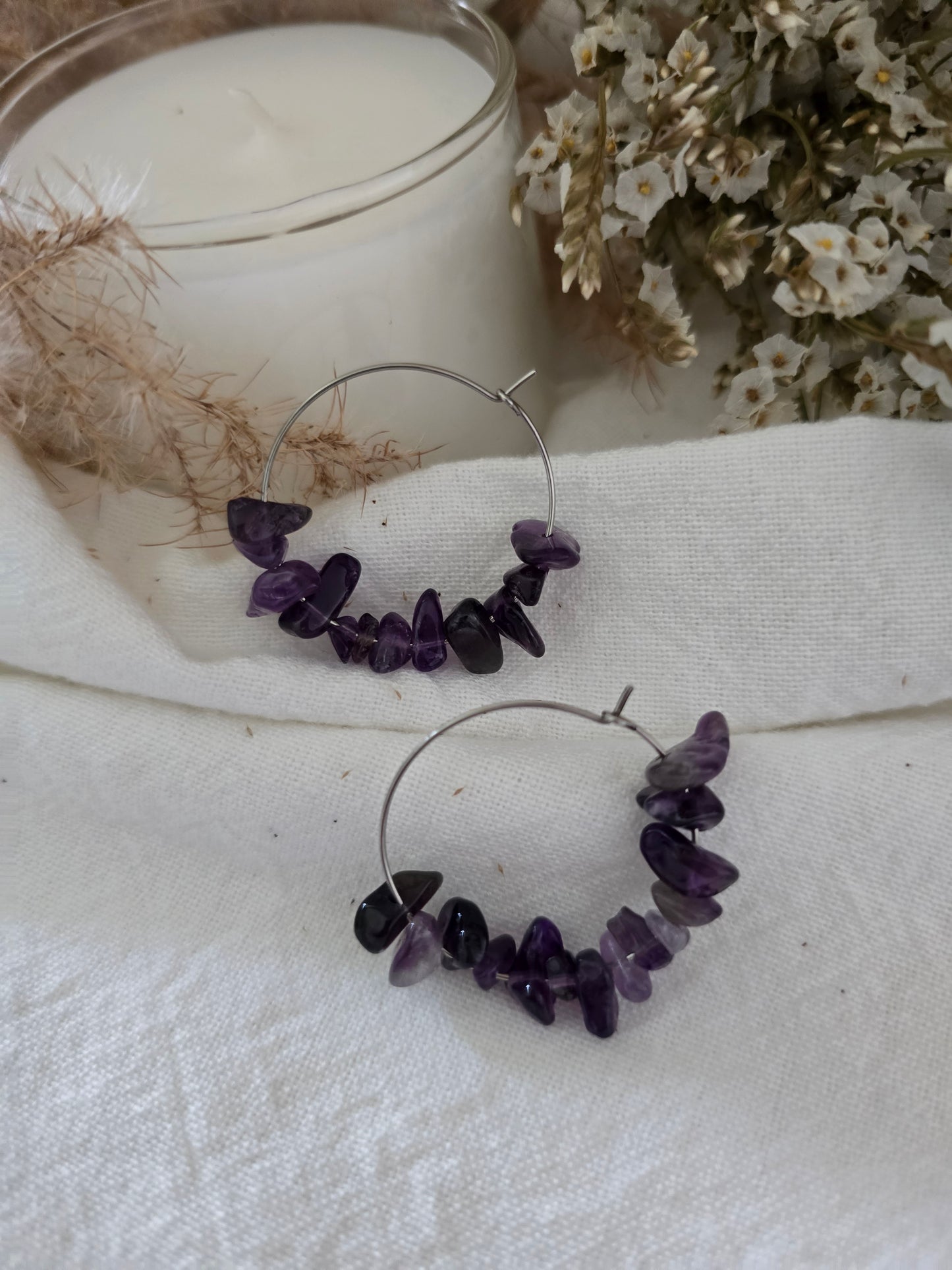 Boucles d'oreilles Créole "Ethérées" Améthyste & acier inoxydable argenté