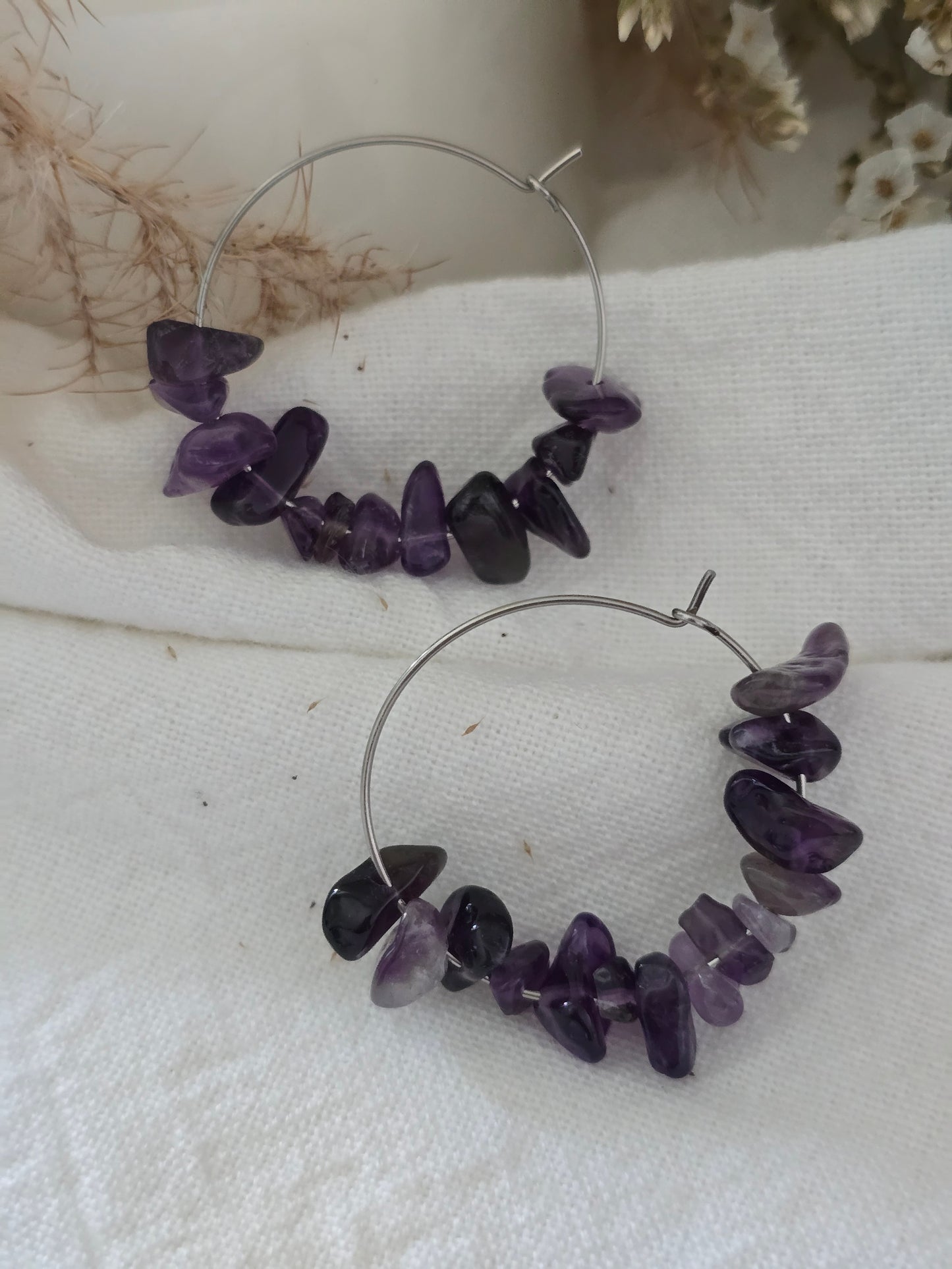 Boucles d'oreilles Créole "Ethérées" Améthyste & acier inoxydable argenté
