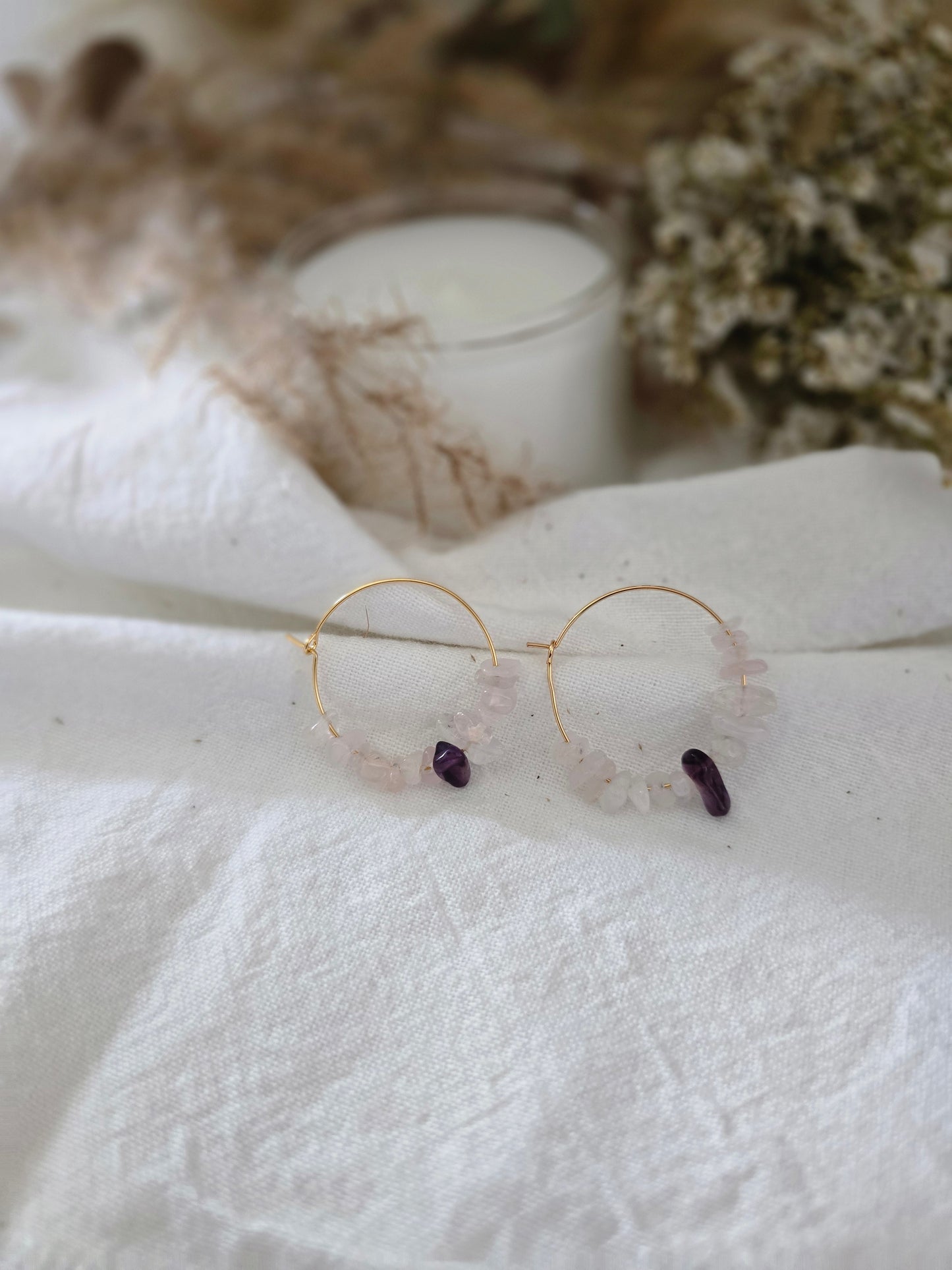 Boucles d'oreilles Créole "Luna " Quartz Rose, Améthyste & acier inoxydable doré