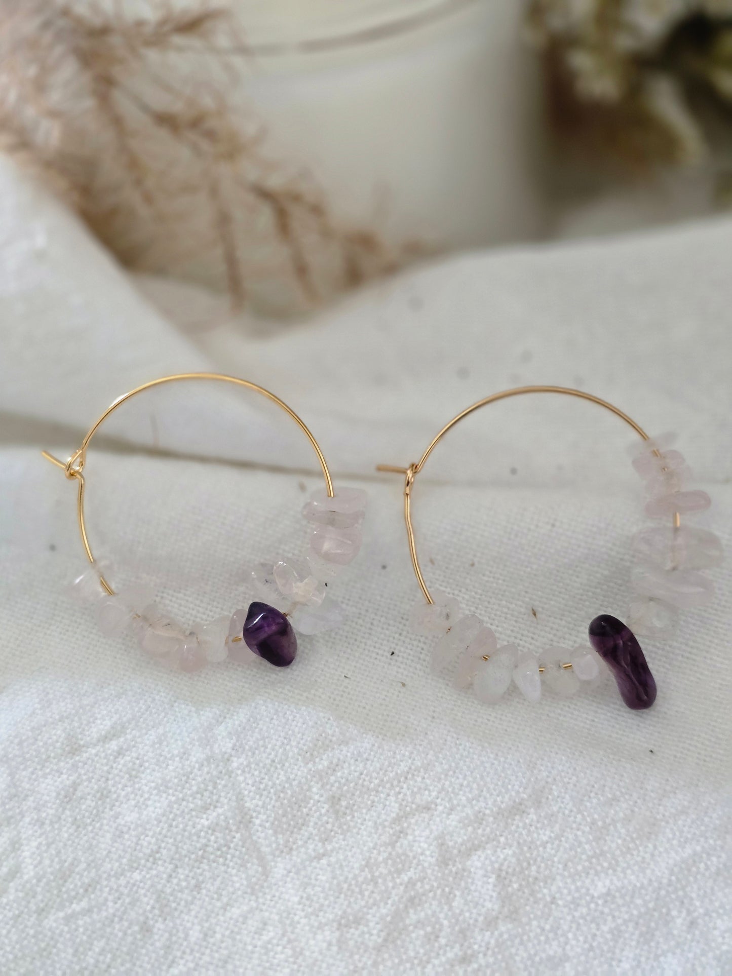 Boucles d'oreilles Créole "Luna " Quartz Rose, Améthyste & acier inoxydable doré