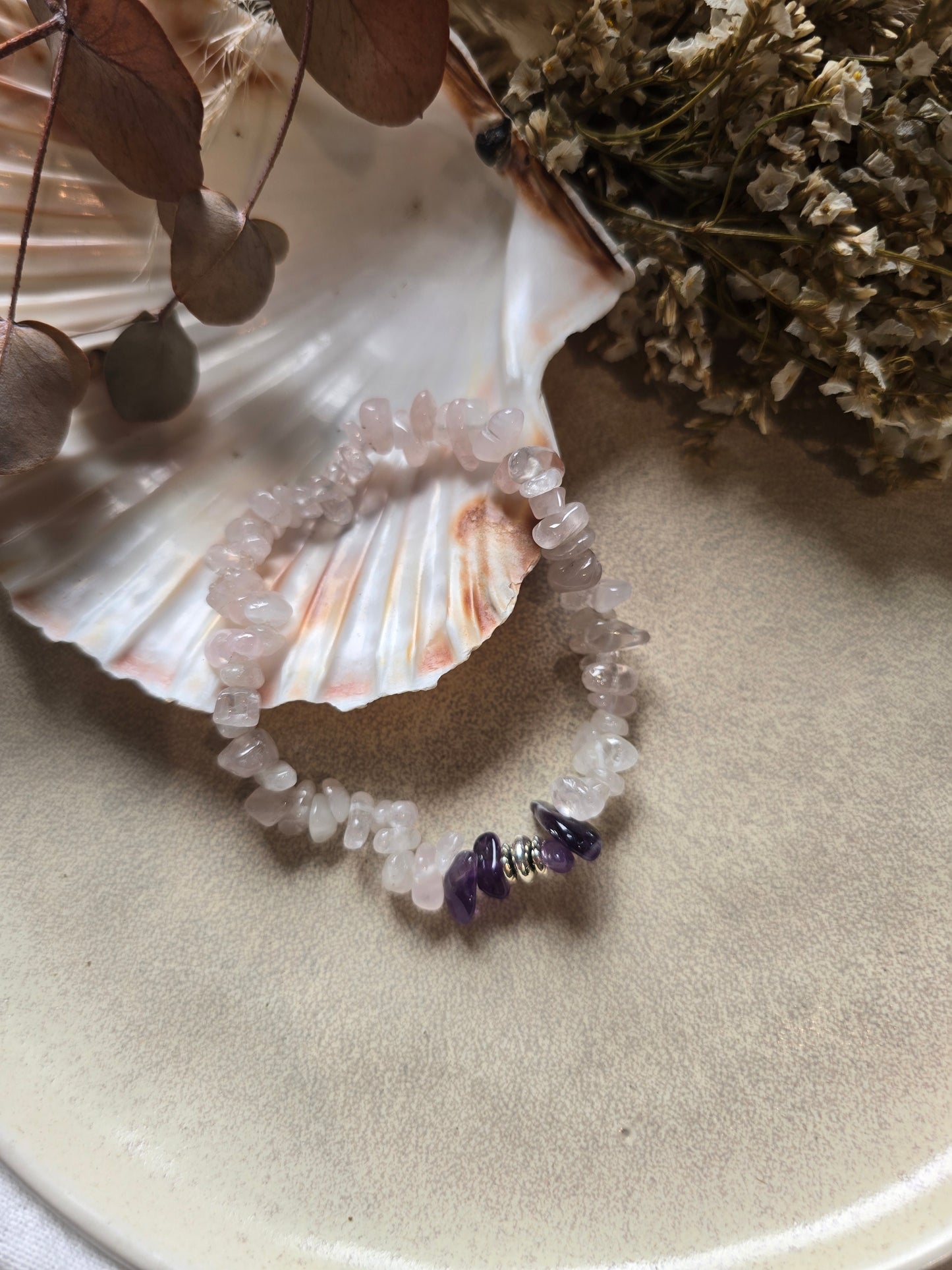 Améthyste & Quartz Rose Baroque - breloques argentées