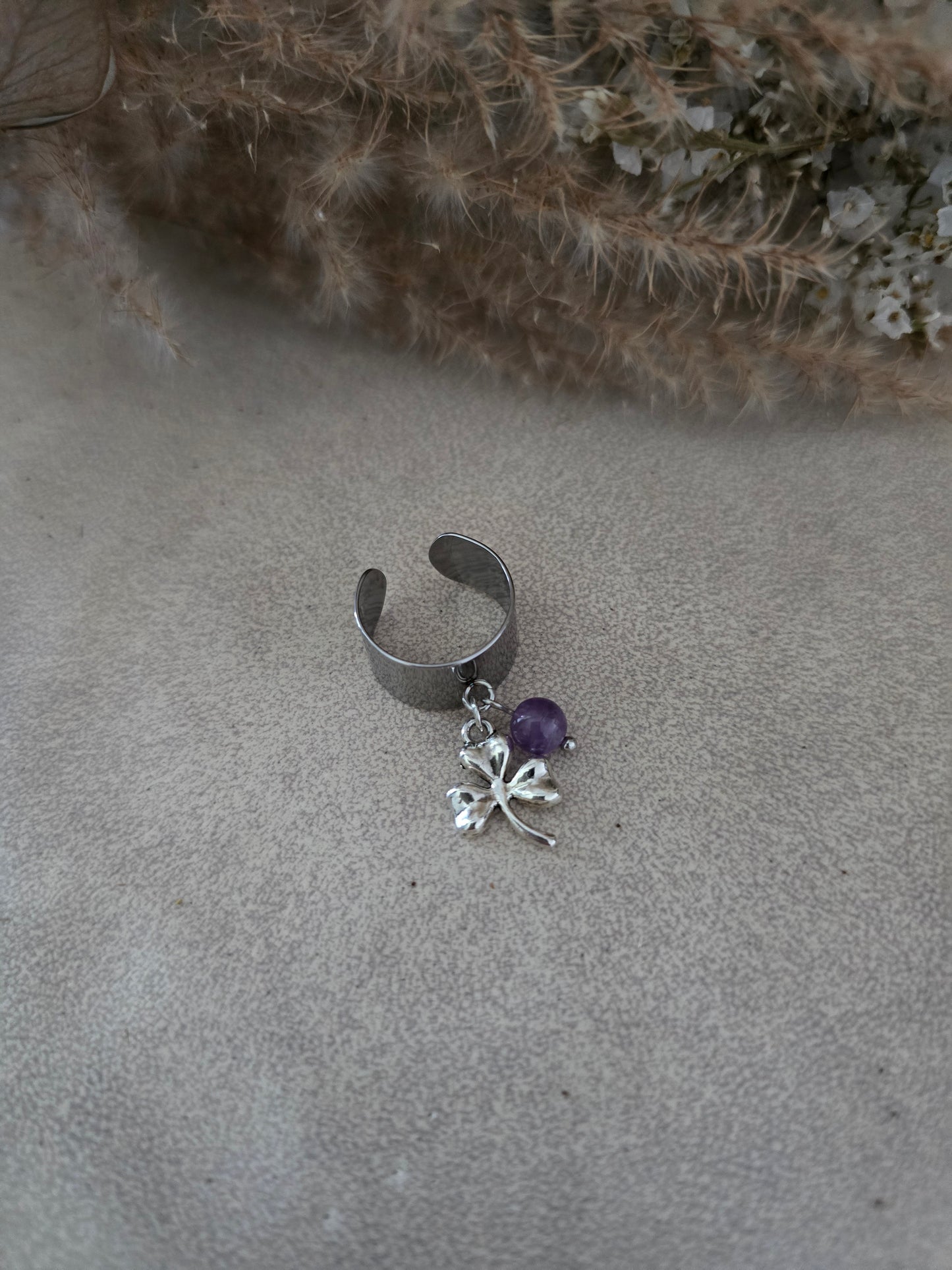 Bague trèfle "Clara" Améthyste & acier inoxydable argenté