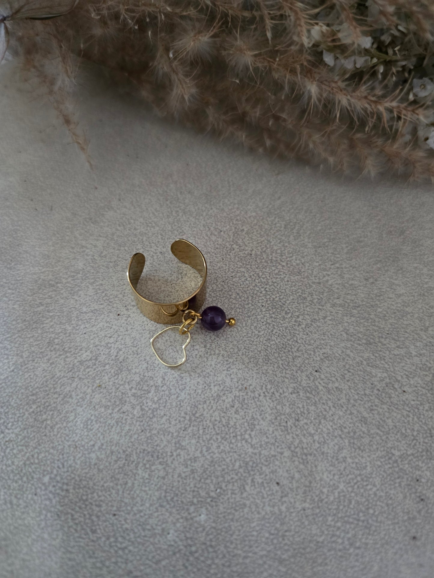 Bague coeur"Reine" Amethyste foncé & acier inoxydable doré