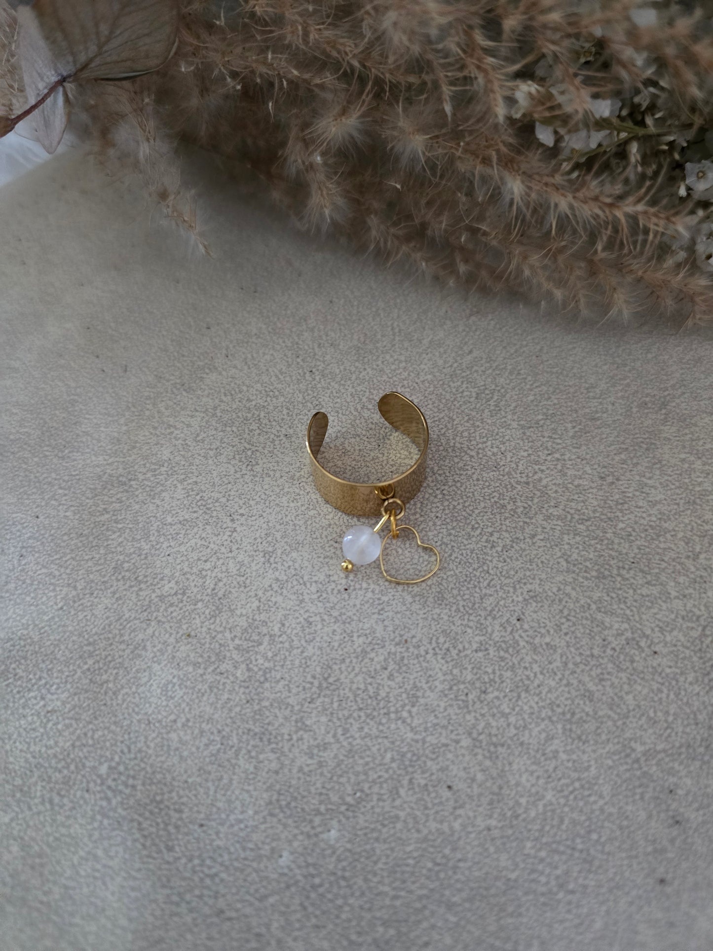 Bague coeur "Blanche" Cristal de Roche & acier inoxydable doré