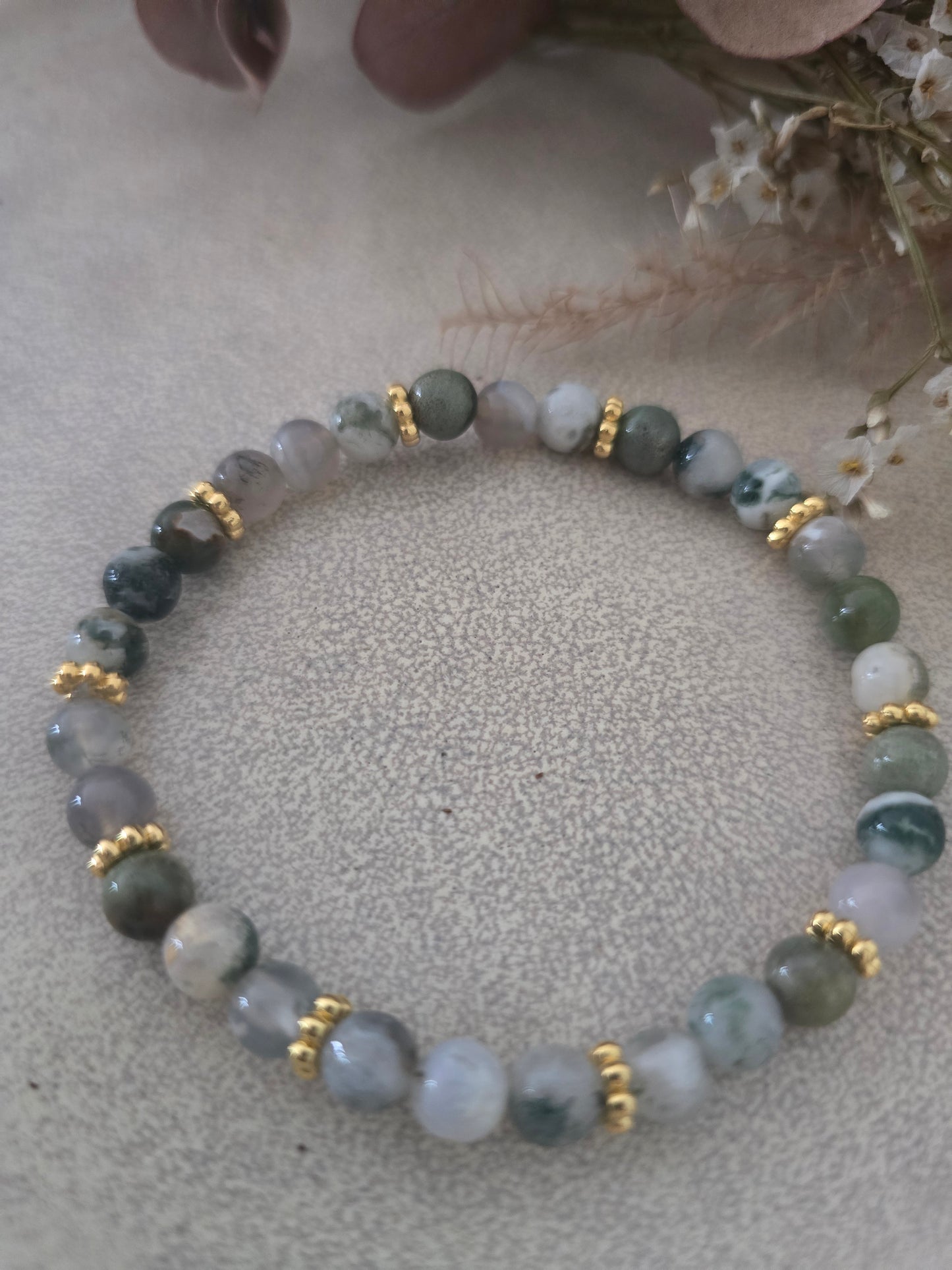 Bracelet "Diana" Agate Mousse & Acier inoxydable Doré