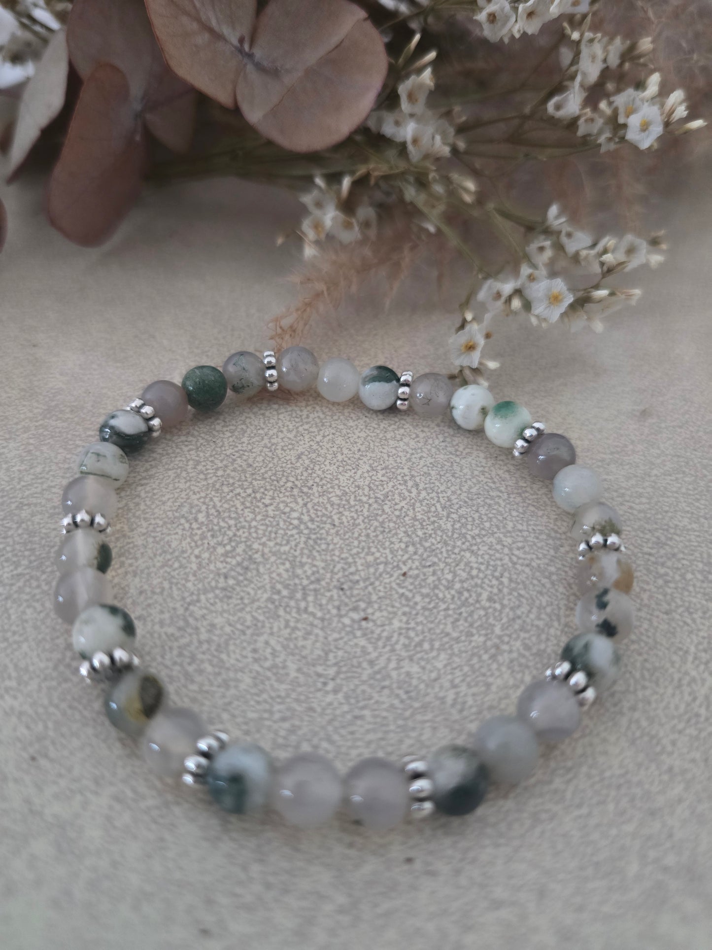 Bracelet "Diane" Agate Mousse & Acier inoxydable argentées
