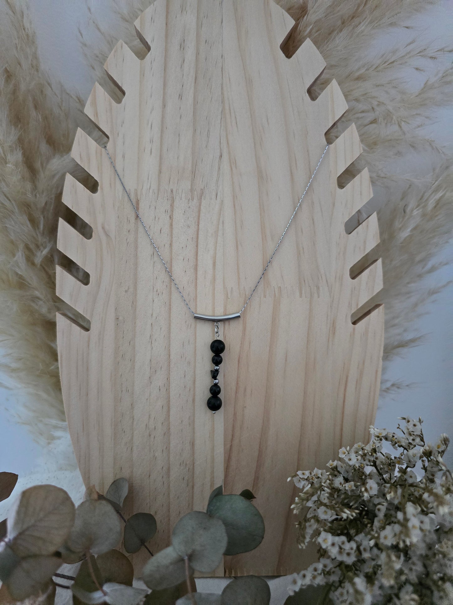 Obsidienne & acier inoxydable Argenté -Collier pendentif