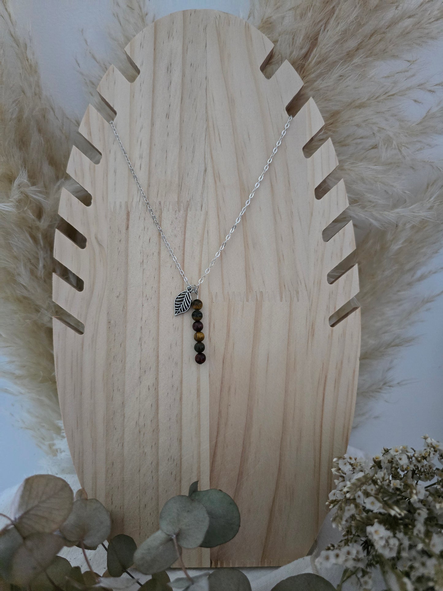 Collier feuille "Gaïa" 3oeils & acier inoxydable argenté