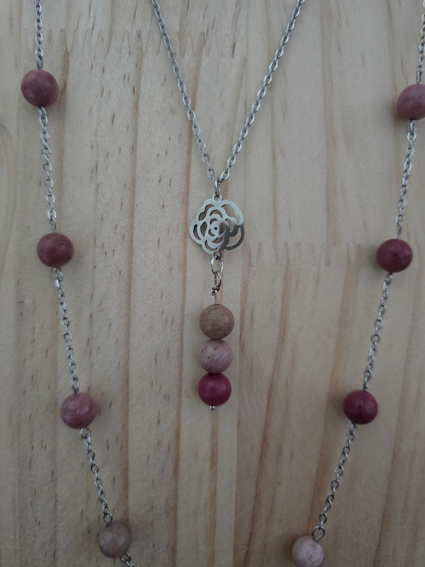 Collier double fleur "Queen Elizabeth" Agate Botswana & acier inoxydable argenté