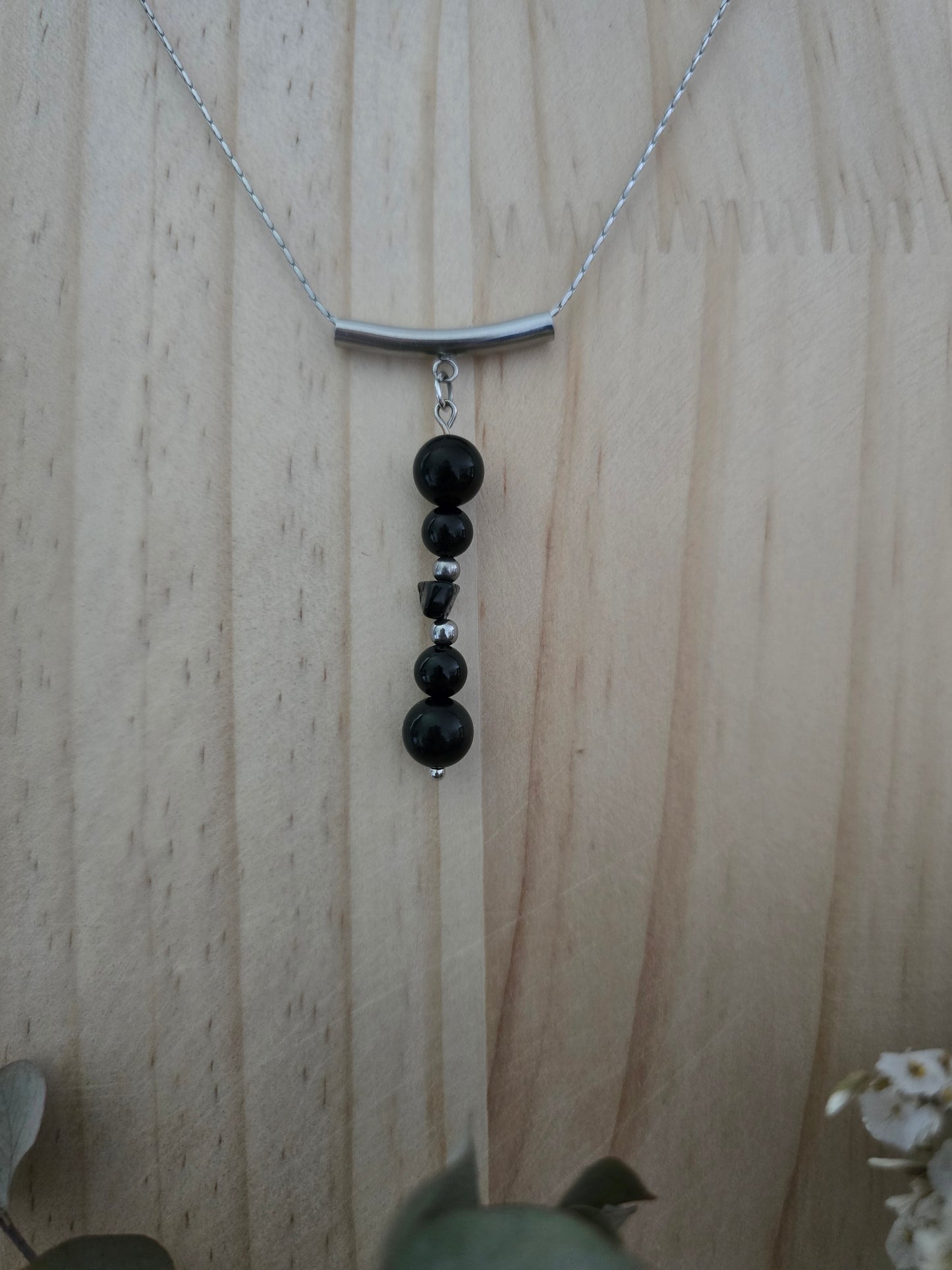 Obsidienne & acier inoxydable Argenté -Collier pendentif