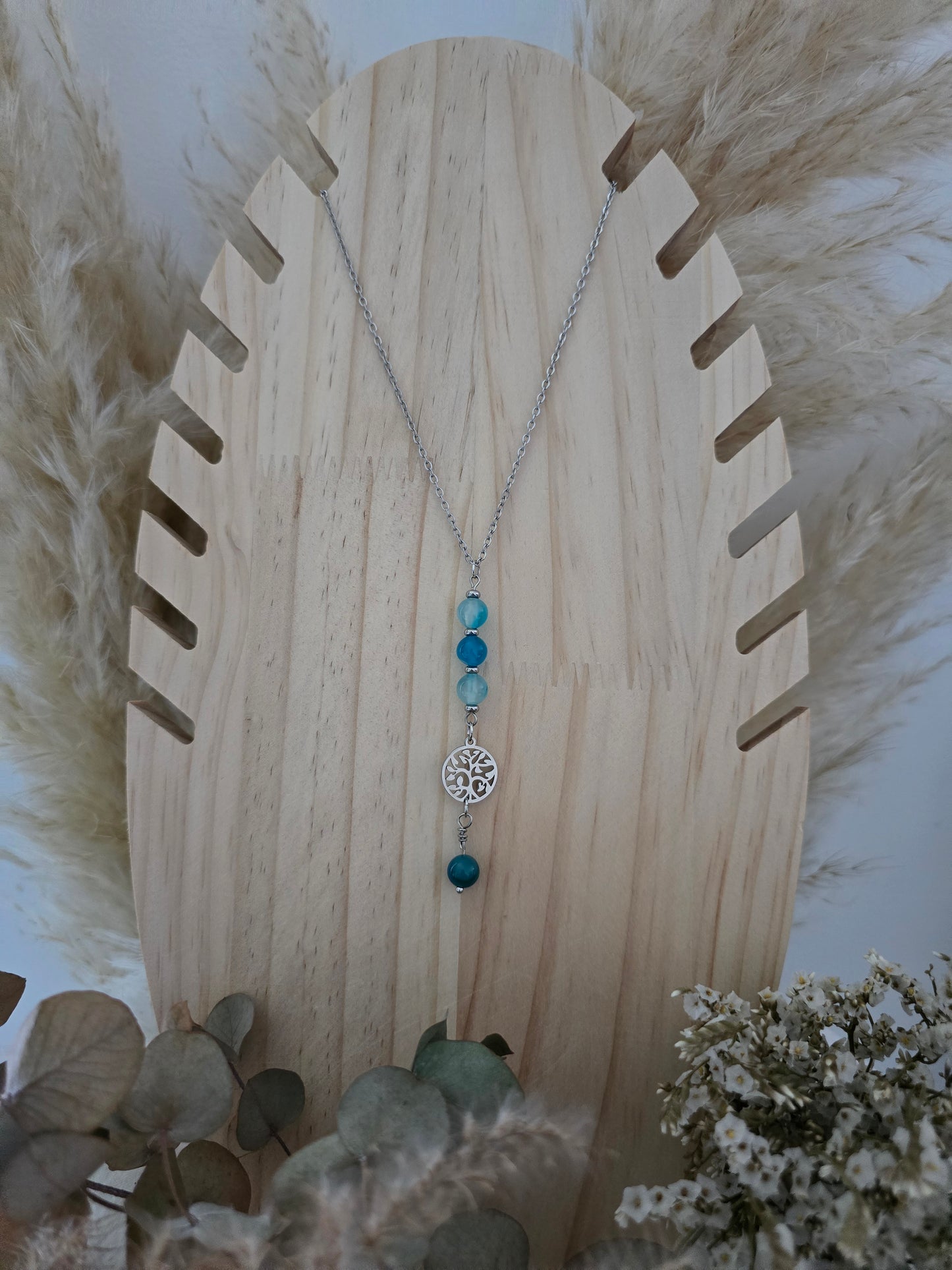 Collier "Océane "Calcite bleue & breloque Arbre de vie en acier inoxydable argenté