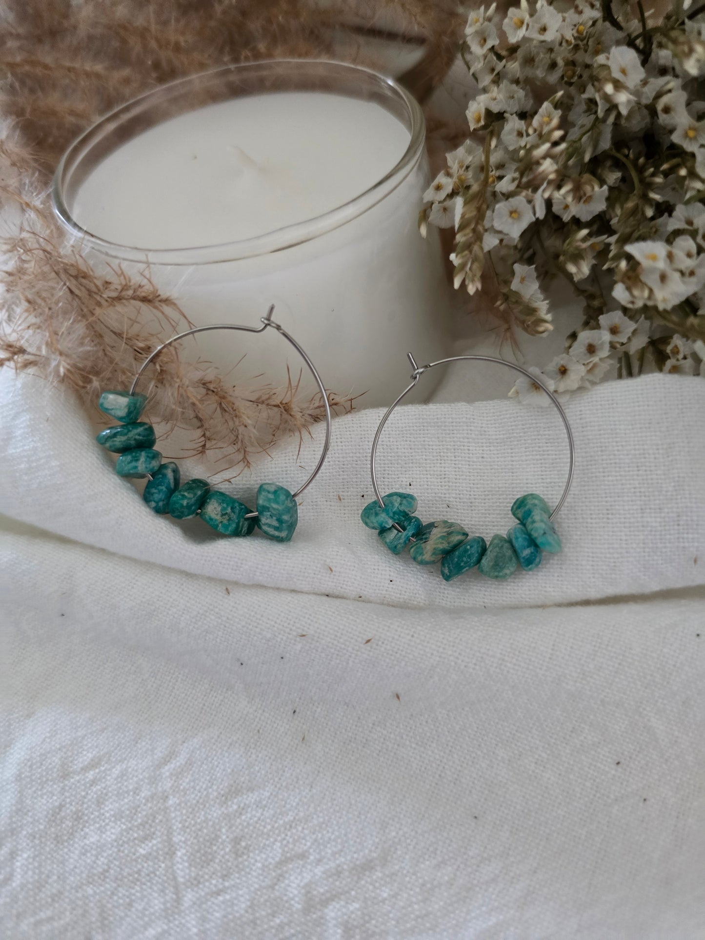 Boucles d'oreilles Créoles "Alya" Amazonite Baroque & acier inoxydable argenté