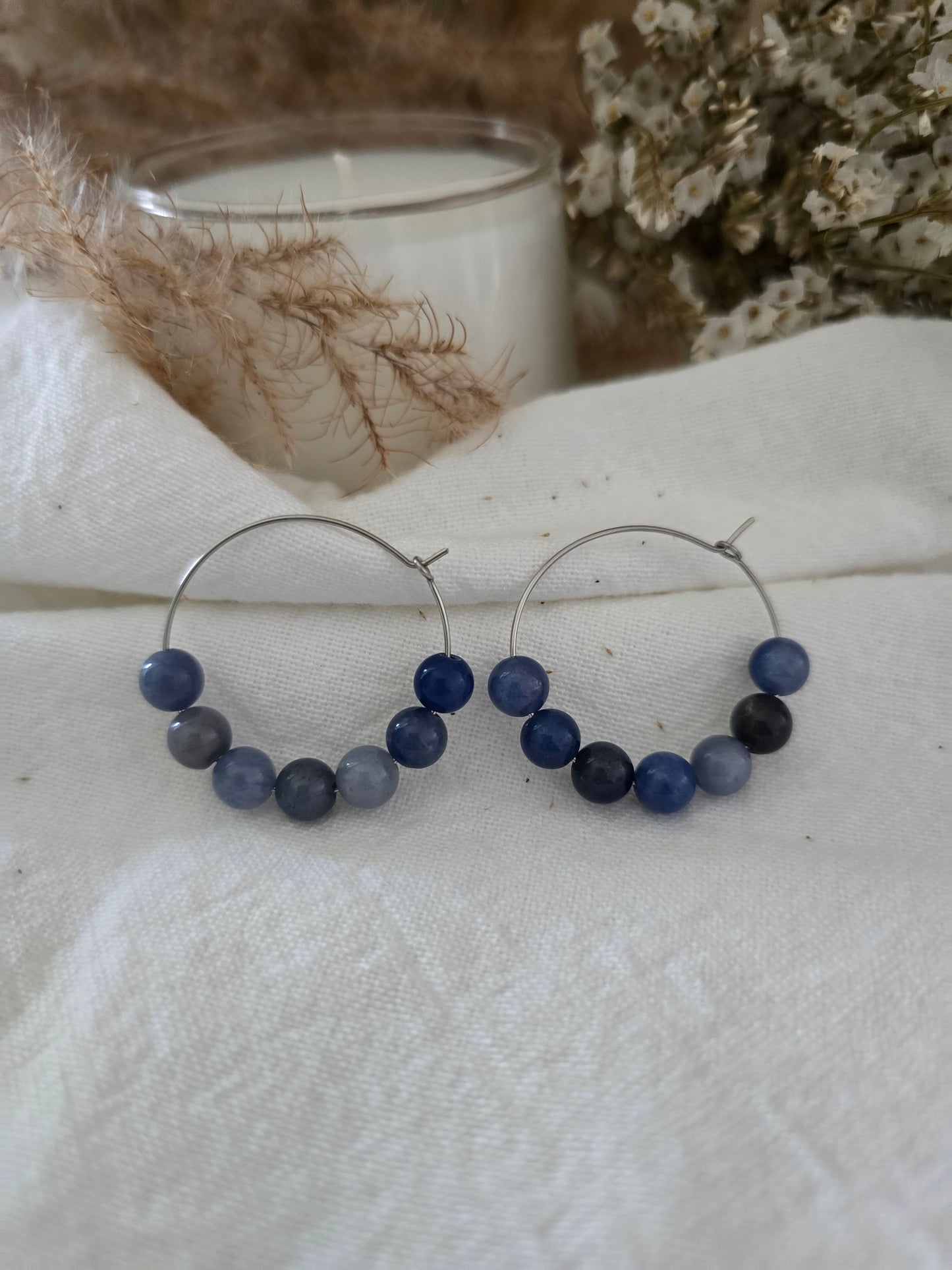 Boucles d'oreilles Créoles "Himmelsperle" Aventurine bleue & acier inoxydable argenté