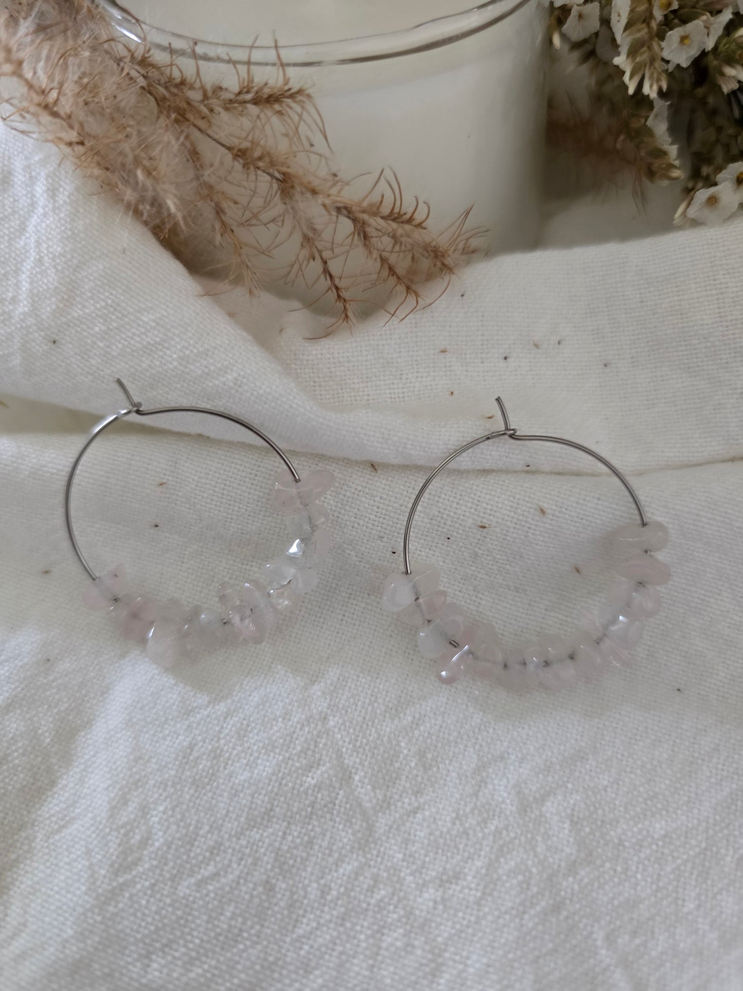 Boucles d'oreilles Créoles "Clair " Quartz Rose & acier inoxydable argenté