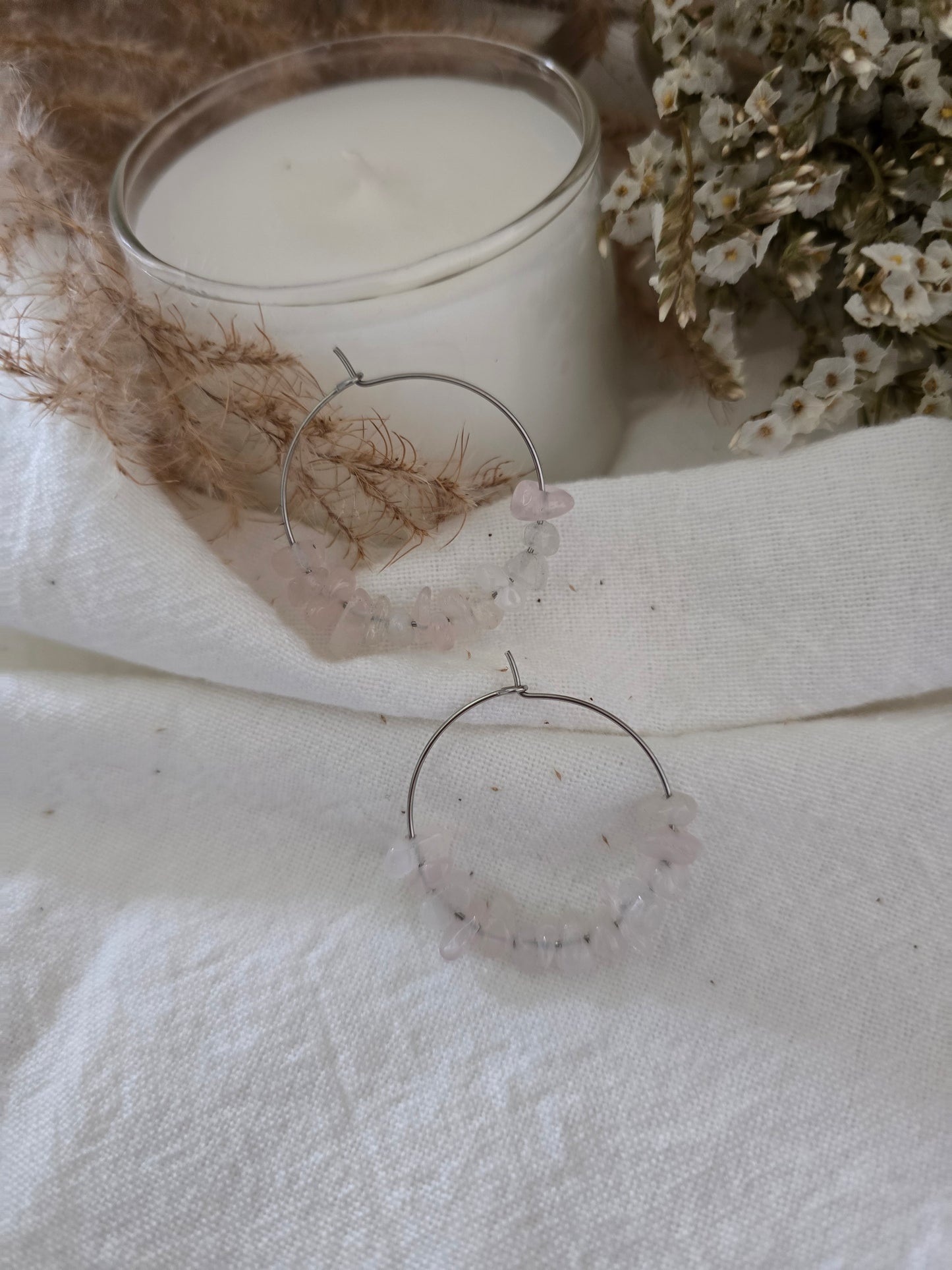 Boucles d'oreilles Créoles "Clair " Quartz Rose & acier inoxydable argenté