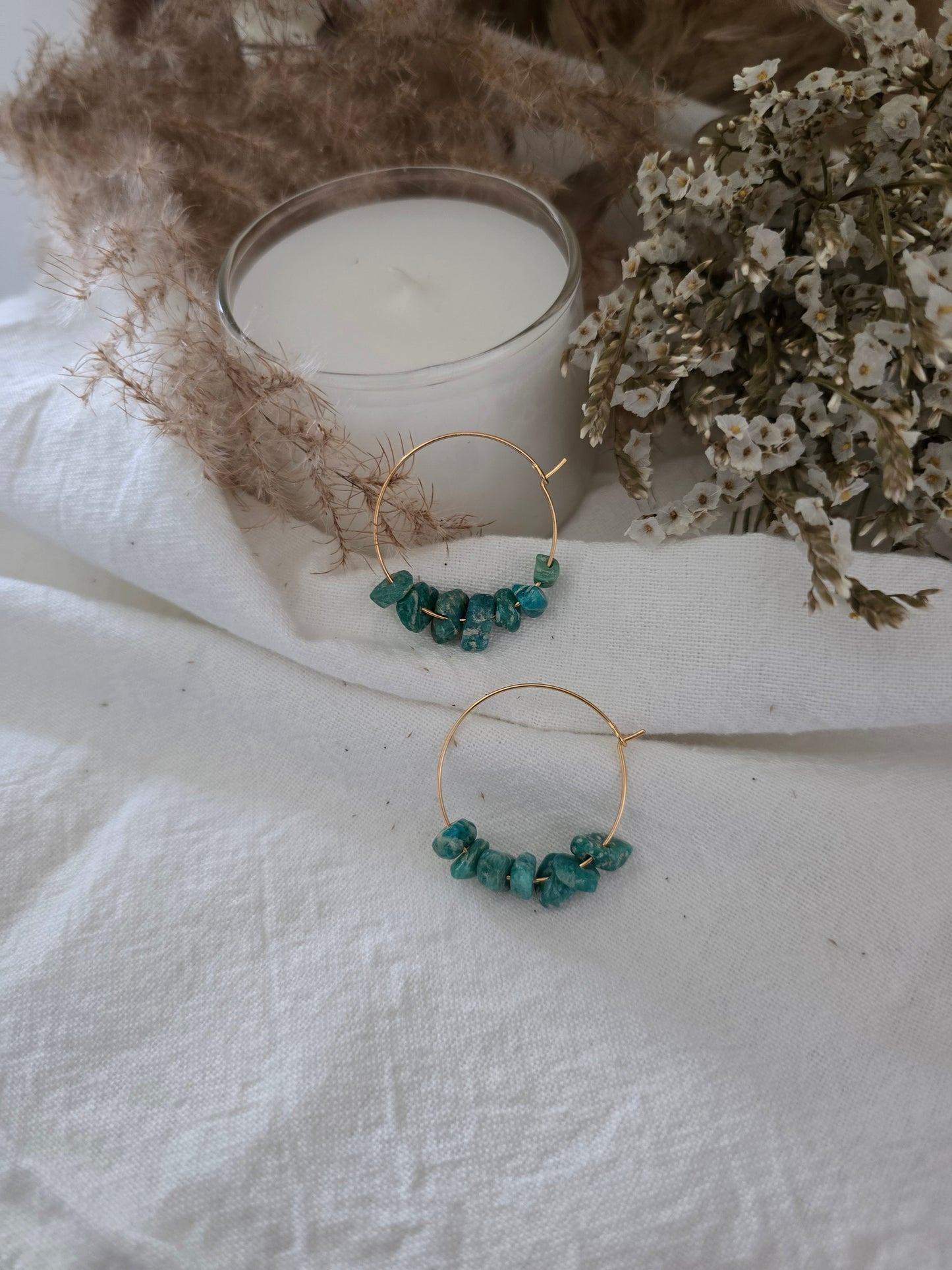 Boucles d'oreilles Créoles "Alyana" Amazonite Baroque & acier inoxydable Doré