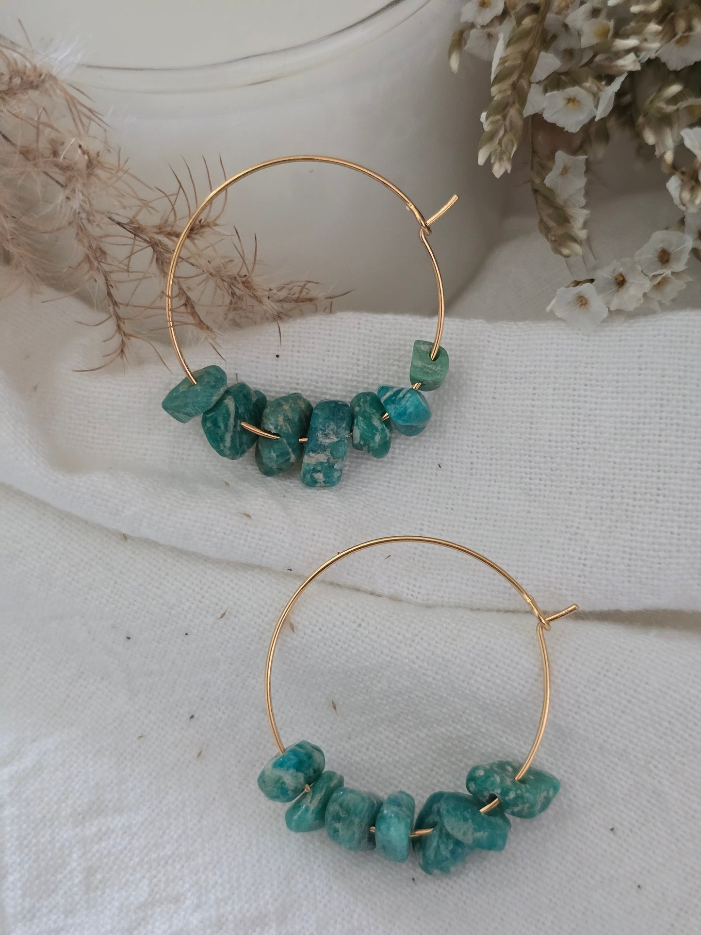 Boucles d'oreilles Créoles "Alyana" Amazonite Baroque & acier inoxydable Doré