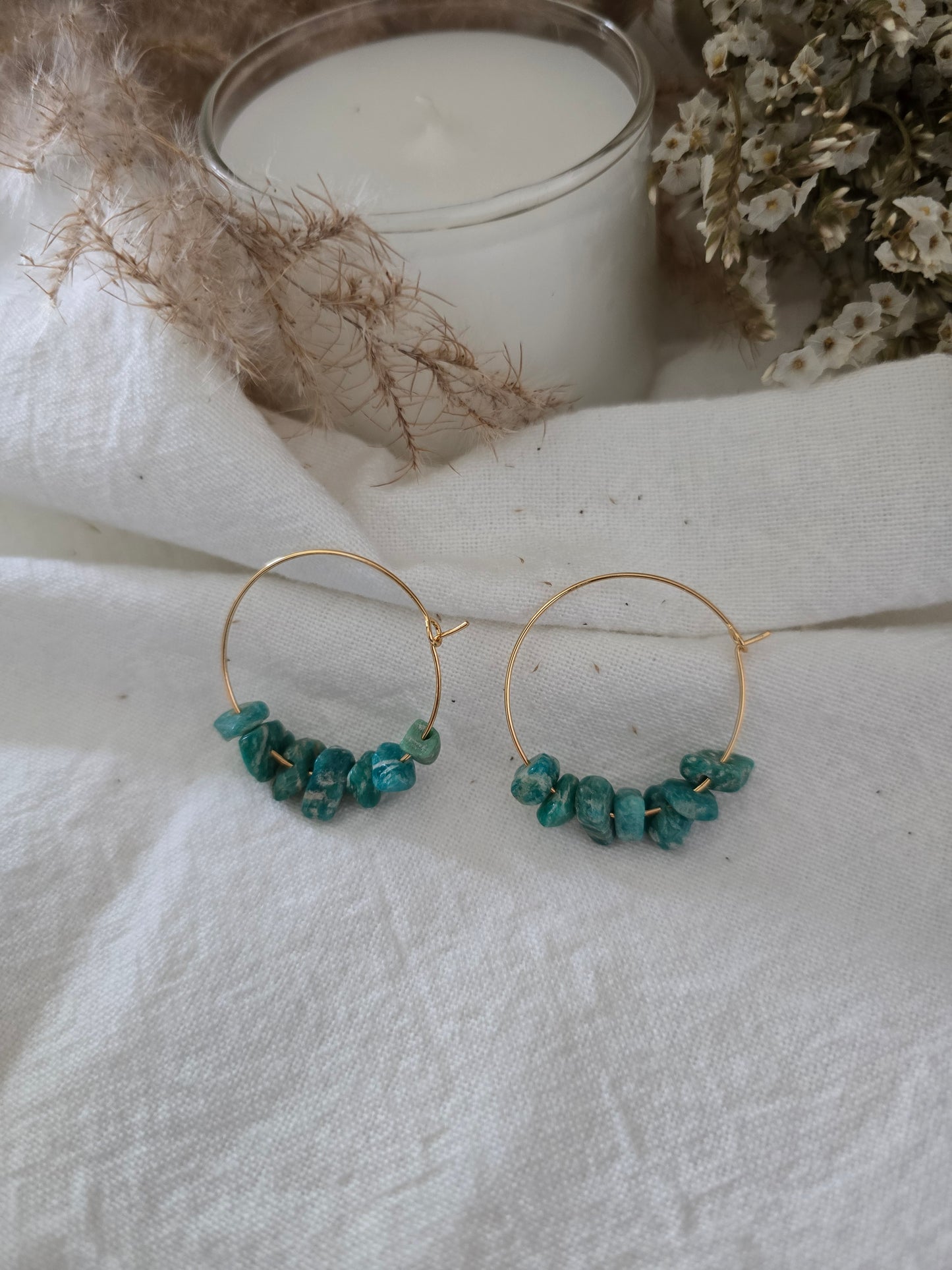 Boucles d'oreilles Créoles "Alyana" Amazonite Baroque & acier inoxydable Doré