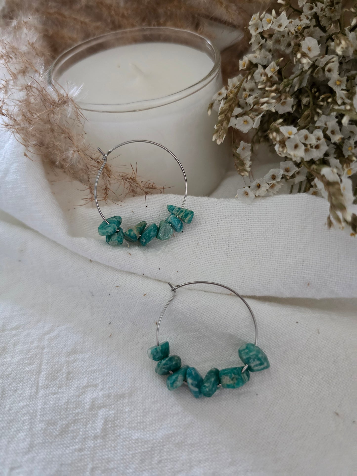 Boucles d'oreilles Créoles "Alya" Amazonite Baroque & acier inoxydable argenté