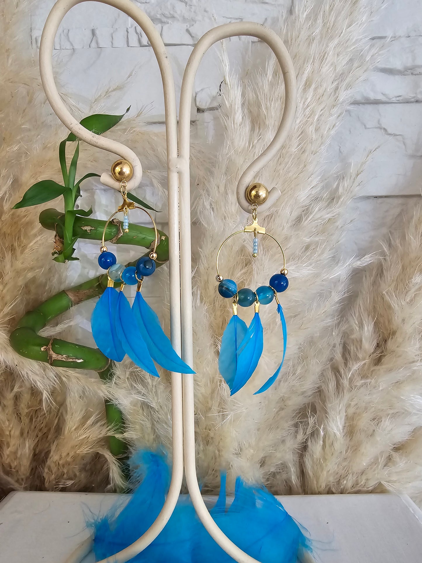 Boucles d'oreilles " Passerin Helen" Agate Bleue & acier inoxydable doré