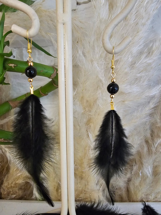 Boucles d'oreilles plume "Black Helen"  Obsidienne & Acier inoxydable doré