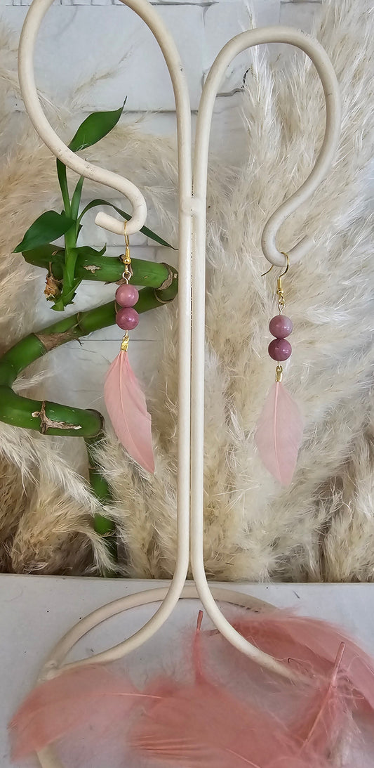 Boucles d'oreilles Plume "Kori Helen" Agate de Botswana & acier inoxydable doré