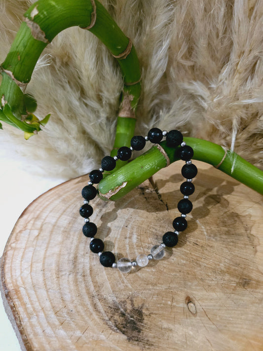 Bracelet homme "Julien" Obsidienne et Pierre de Lave & acier inoxydable argenté