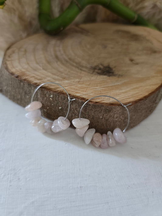 Boucles d'oreilles Créoles "Freya" Morganite & acier inoxydable argenté