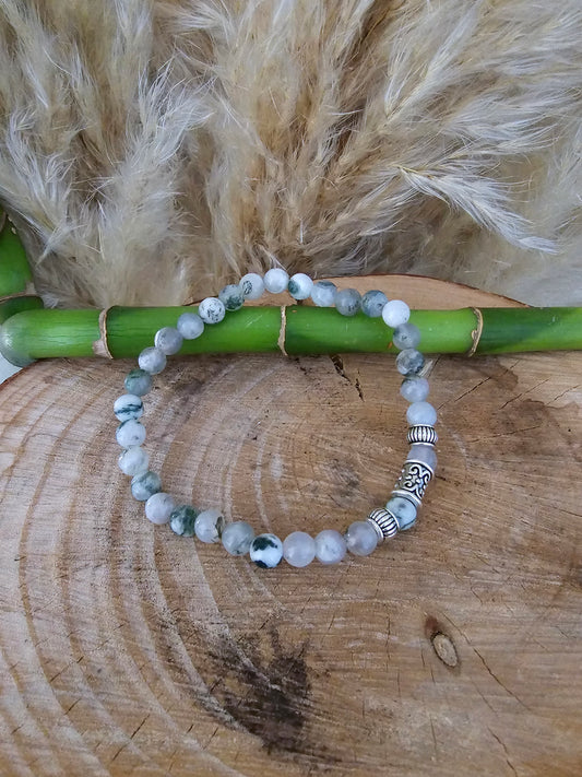 Bracelet  "Artémis" Agate mousse & breloque acier inoxydable argenté