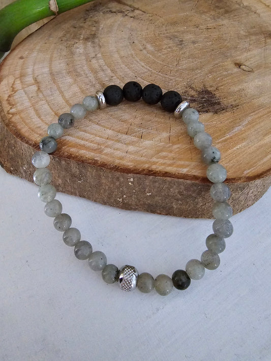 Bracelet homme "Max" Pierre de Lave et Labradorite & breloques acier inoxydable argenté