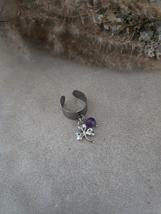 Bague trèfle "Clara" Améthyste & acier inoxydable argenté