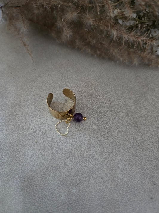 Bague coeur"Reine" Amethyste foncé & acier inoxydable doré
