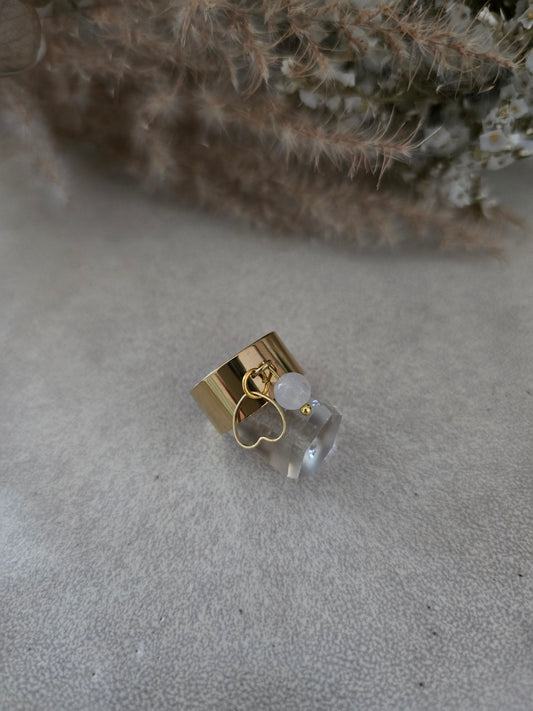 Bague coeur "Blanche" Cristal de Roche & acier inoxydable doré