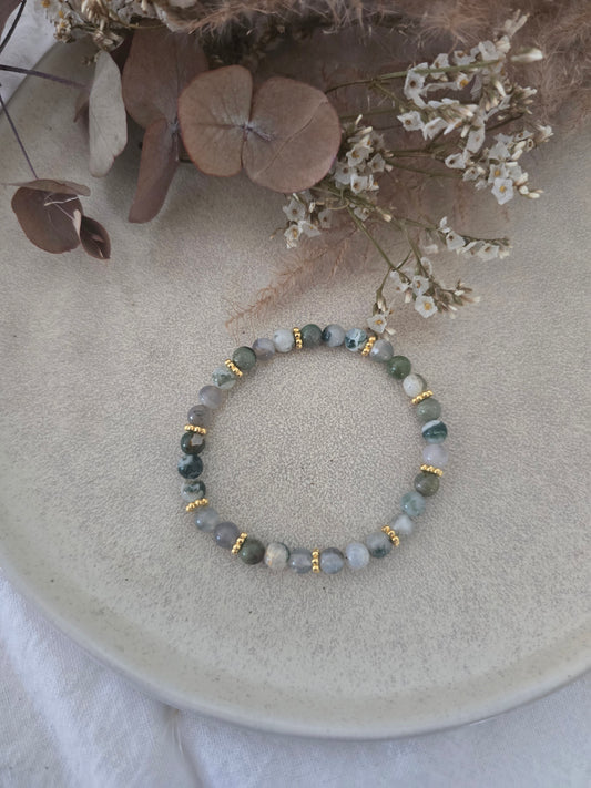 Bracelet "Diana" Agate Mousse & Acier inoxydable Doré