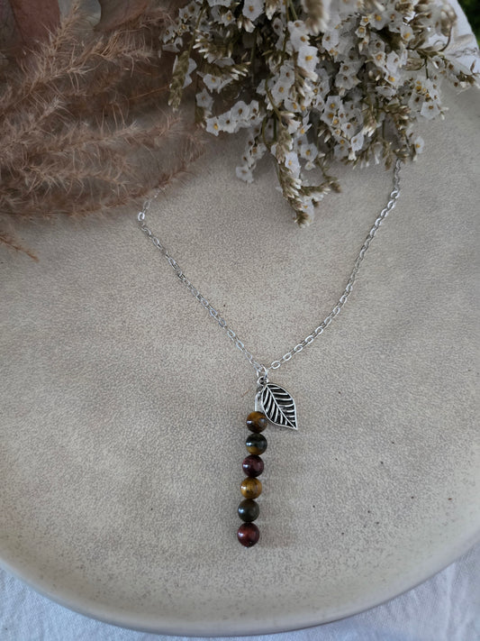 Collier feuille "Gaïa" 3oeils  & acier inoxydable argenté