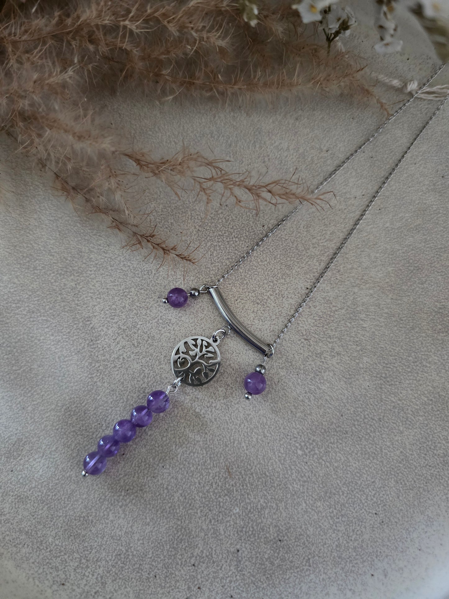 Collier Arbre de vie "Fantasia" Améthyste  & acier inoxydable argenté