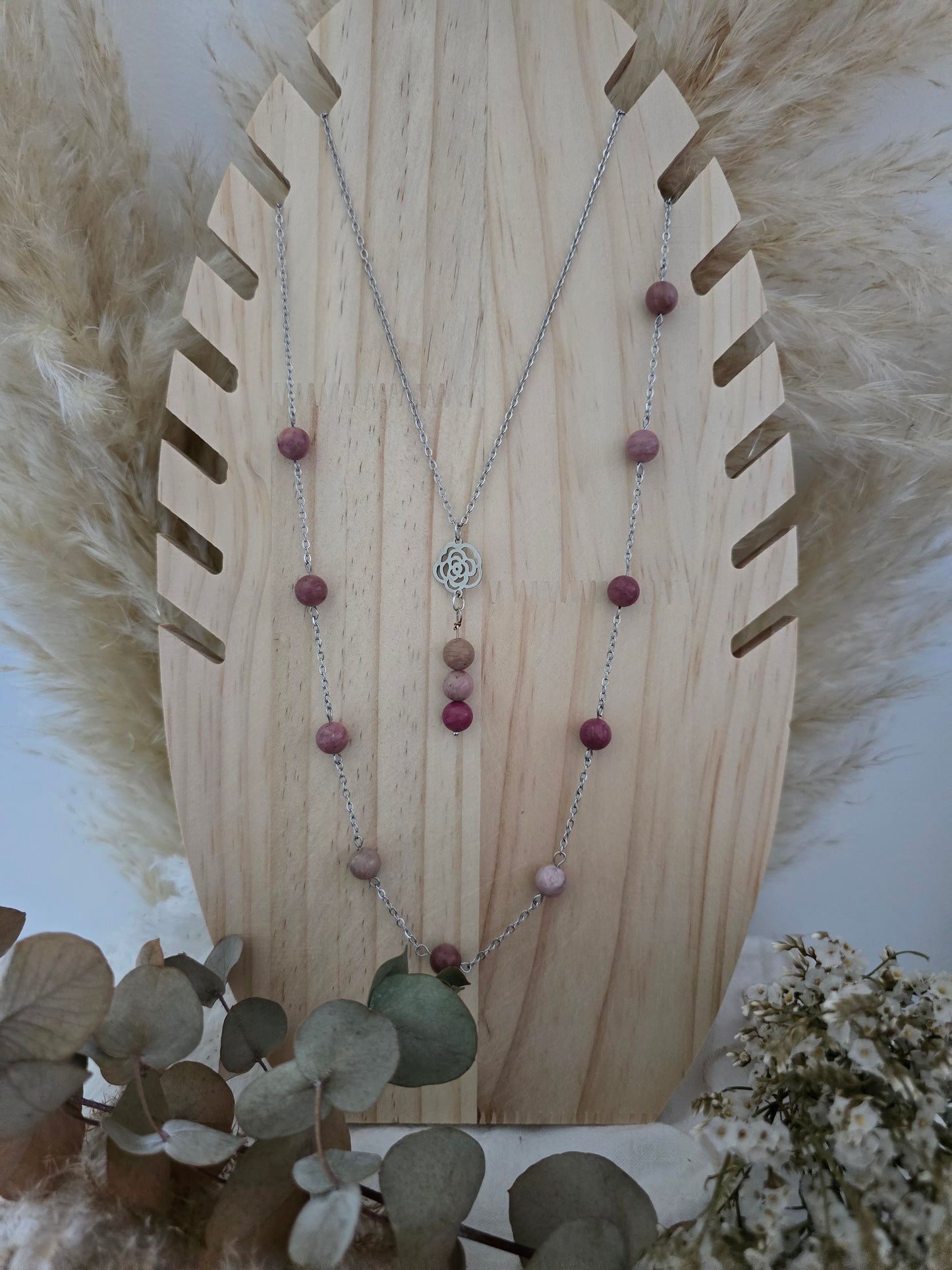 Collier double fleur "Queen Elizabeth" Agate Botswana  & acier inoxydable argenté