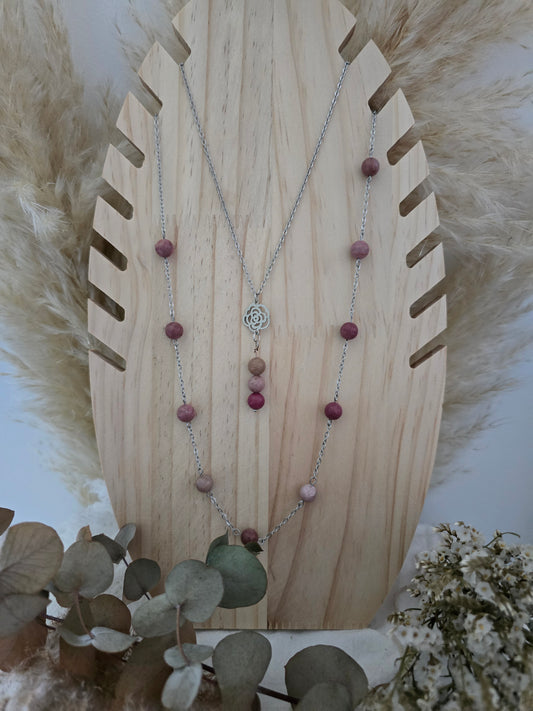 Collier double fleur "Queen Elizabeth" Agate Botswana  & acier inoxydable argenté