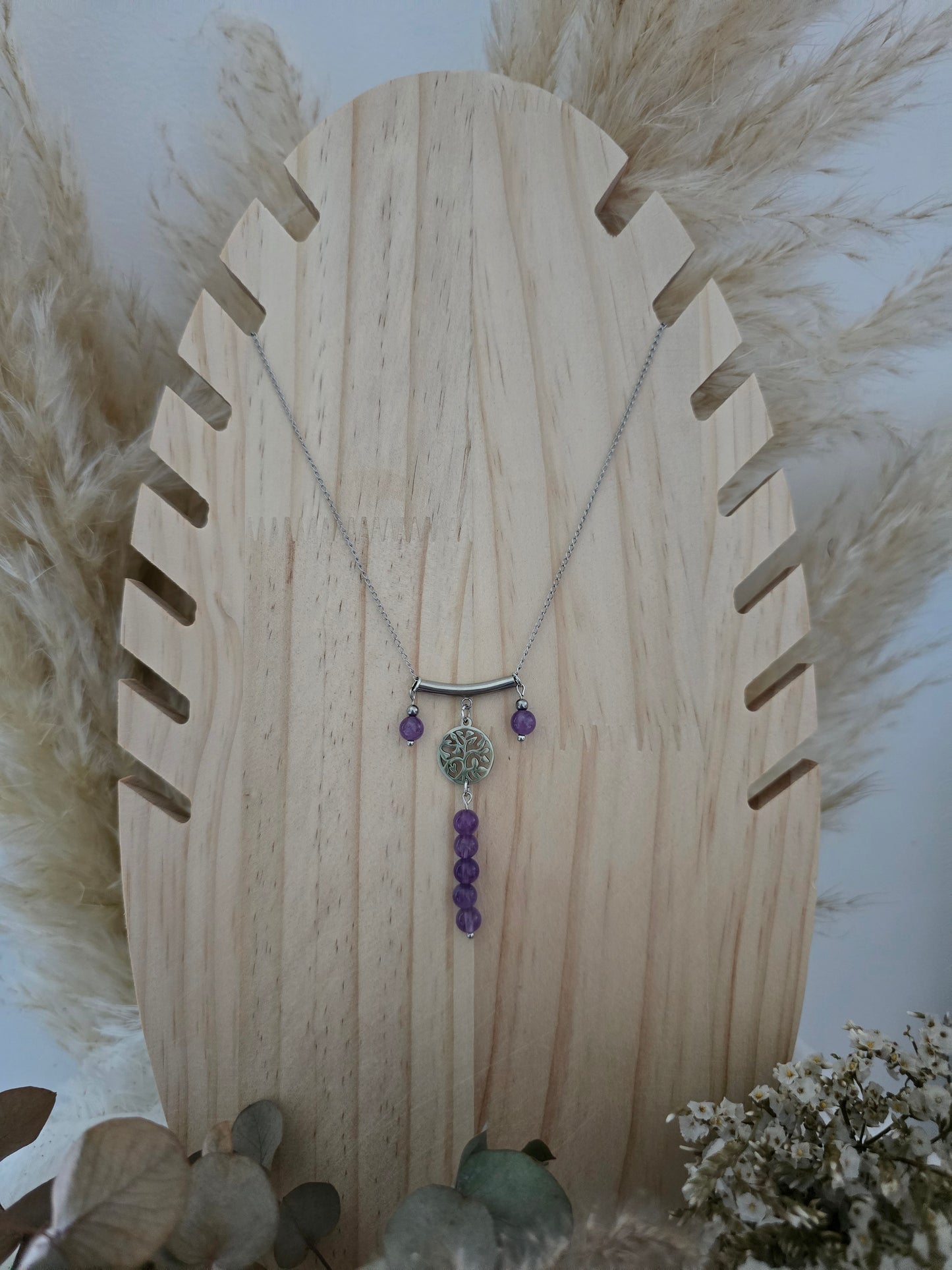 Collier Arbre de vie "Fantasia" Améthyste  & acier inoxydable argenté