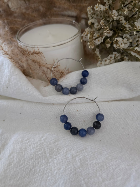 Boucles d'oreilles Créoles "Himmelsperle" Aventurine bleue & acier inoxydable argenté